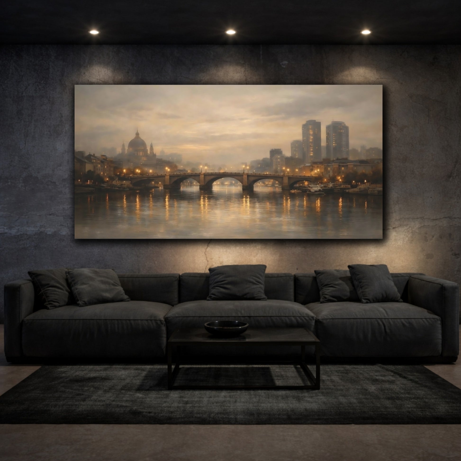 Mockup 2. Vintage City Bridge Brown And Gold shown as stretched canvas wall art