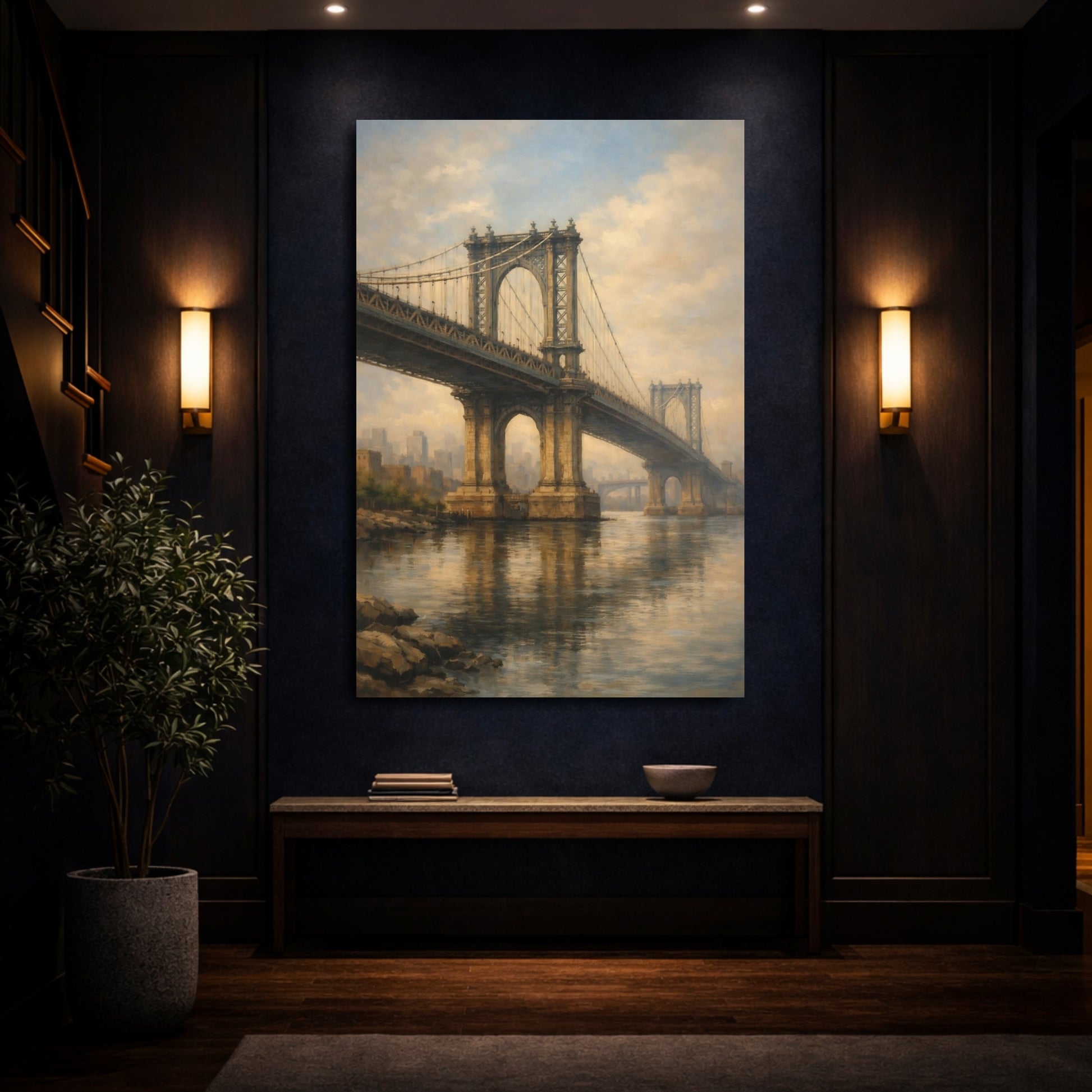 Mockup 3. Vintage City Bridge Brown And Gold shown as stretched canvas wall art