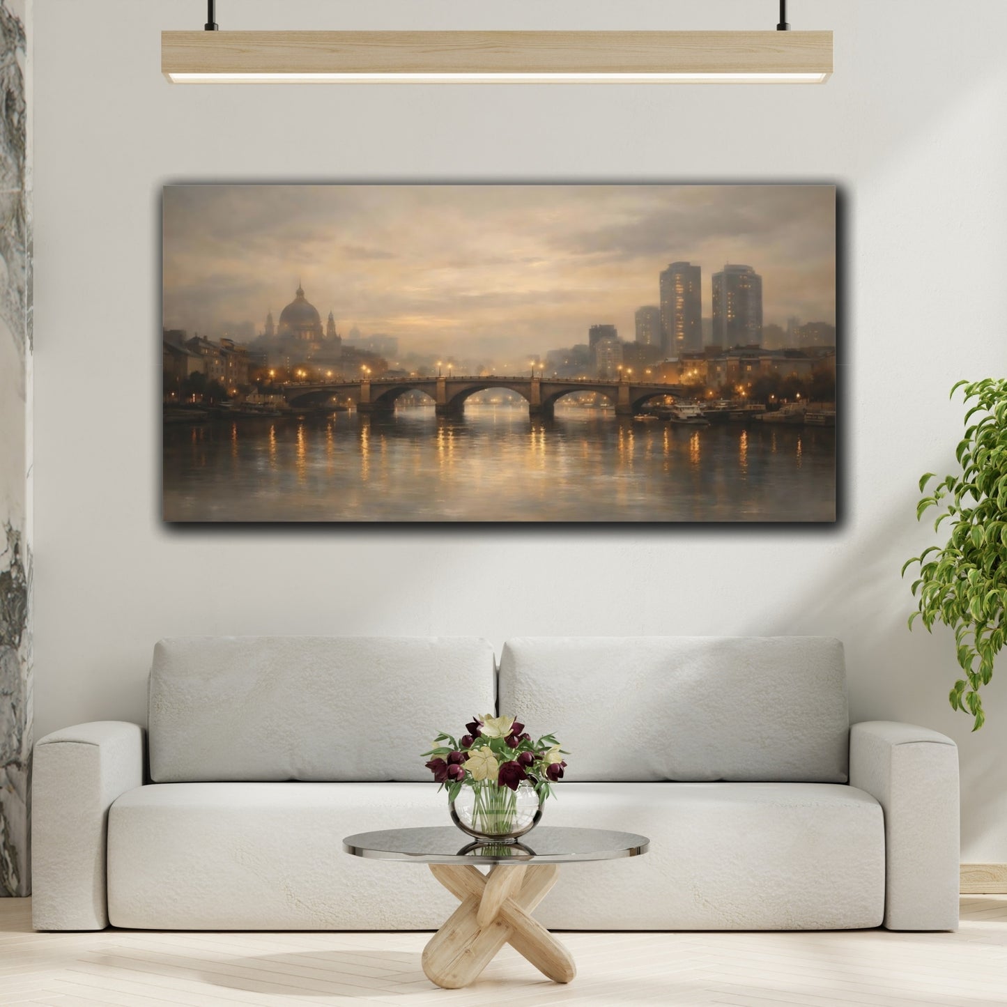 Mockup 3. Vintage City Bridge Brown And Gold shown as stretched canvas wall art