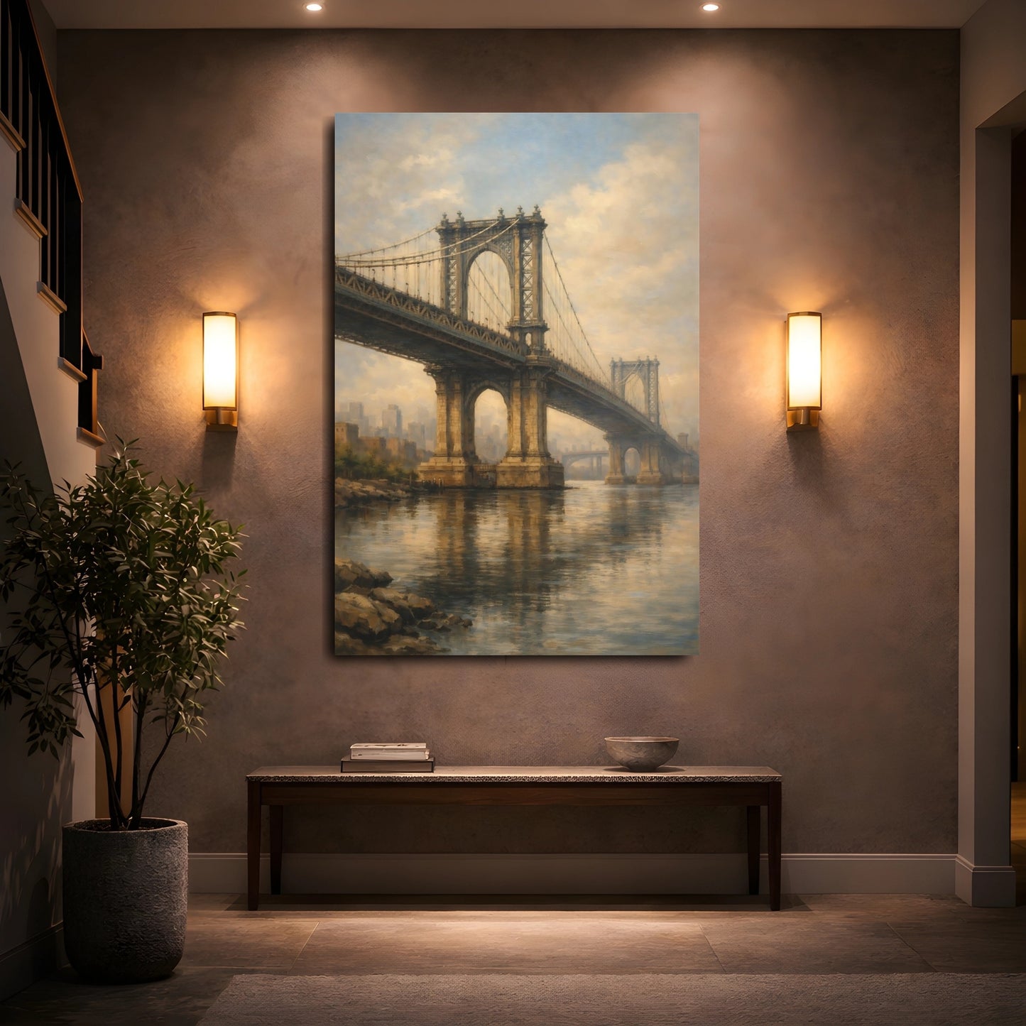 Mockup 4. Vintage City Bridge Brown And Gold shown as stretched canvas wall art