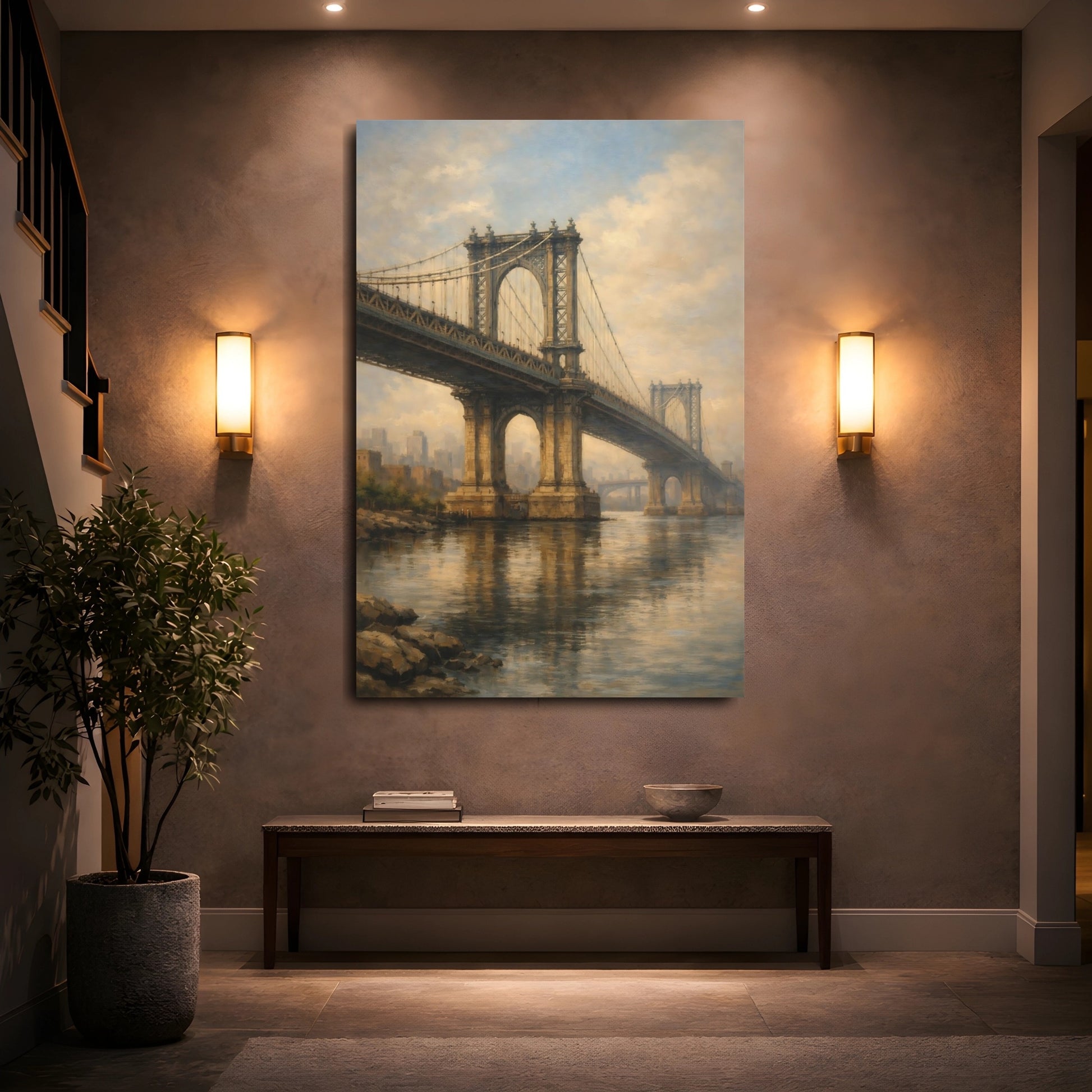 Mockup 4. Vintage City Bridge Brown And Gold shown as stretched canvas wall art