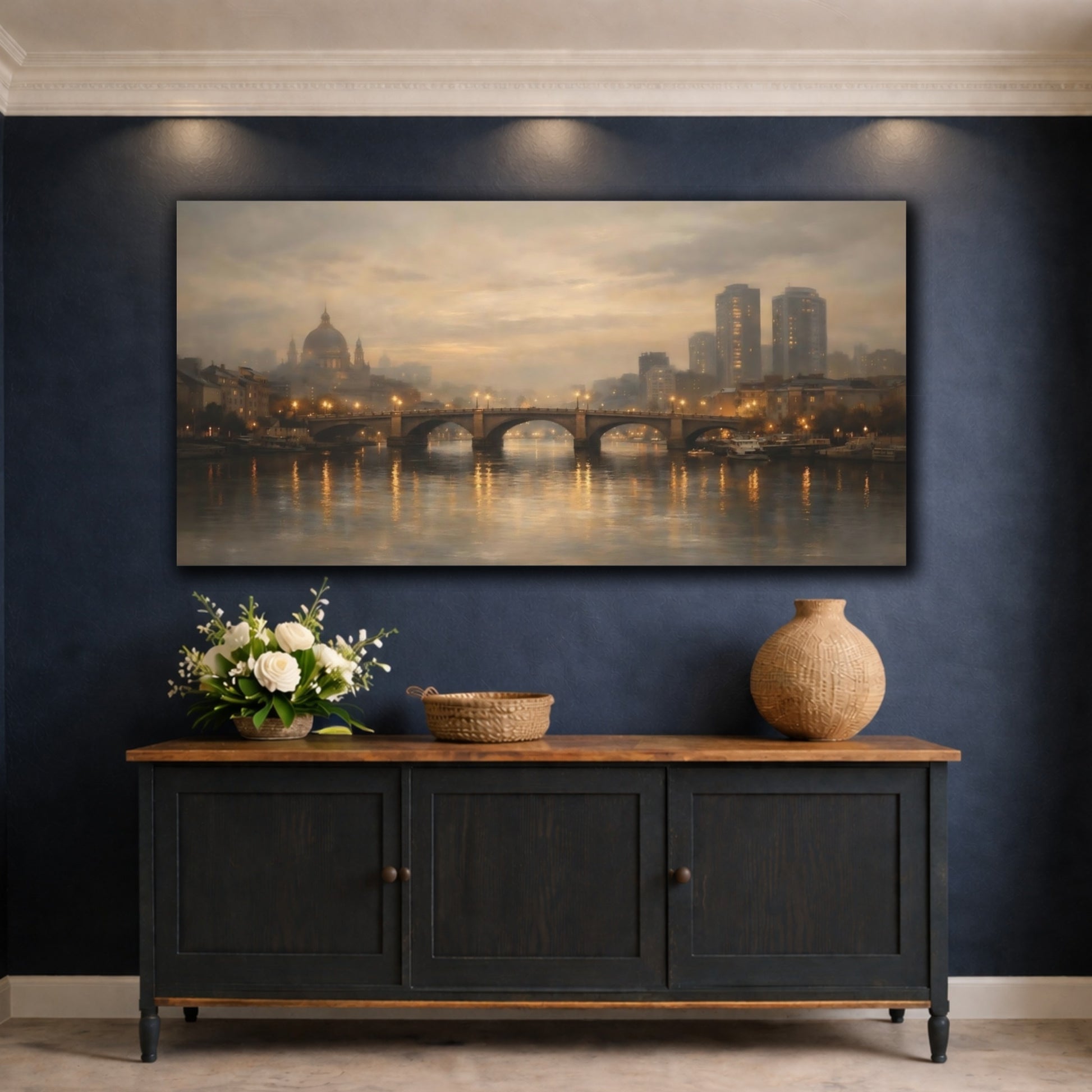Mockup 4. Vintage City Bridge Brown And Gold shown as stretched canvas wall art