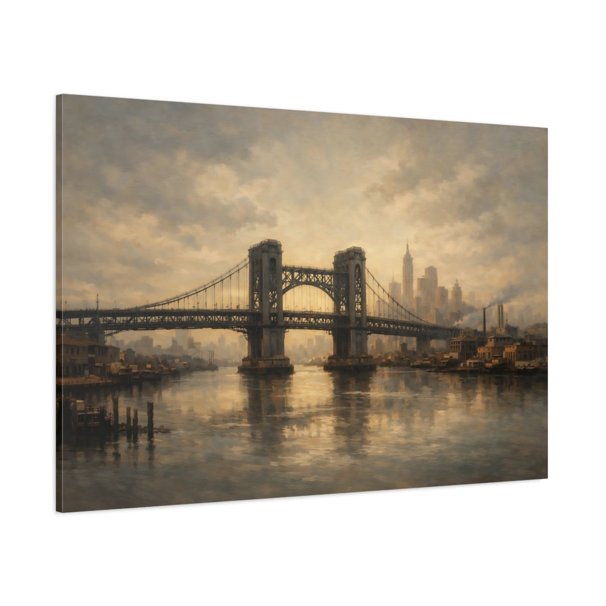 Main Mockup. Vintage City Bridge Brown And Gray shown as stretched canvas wall art