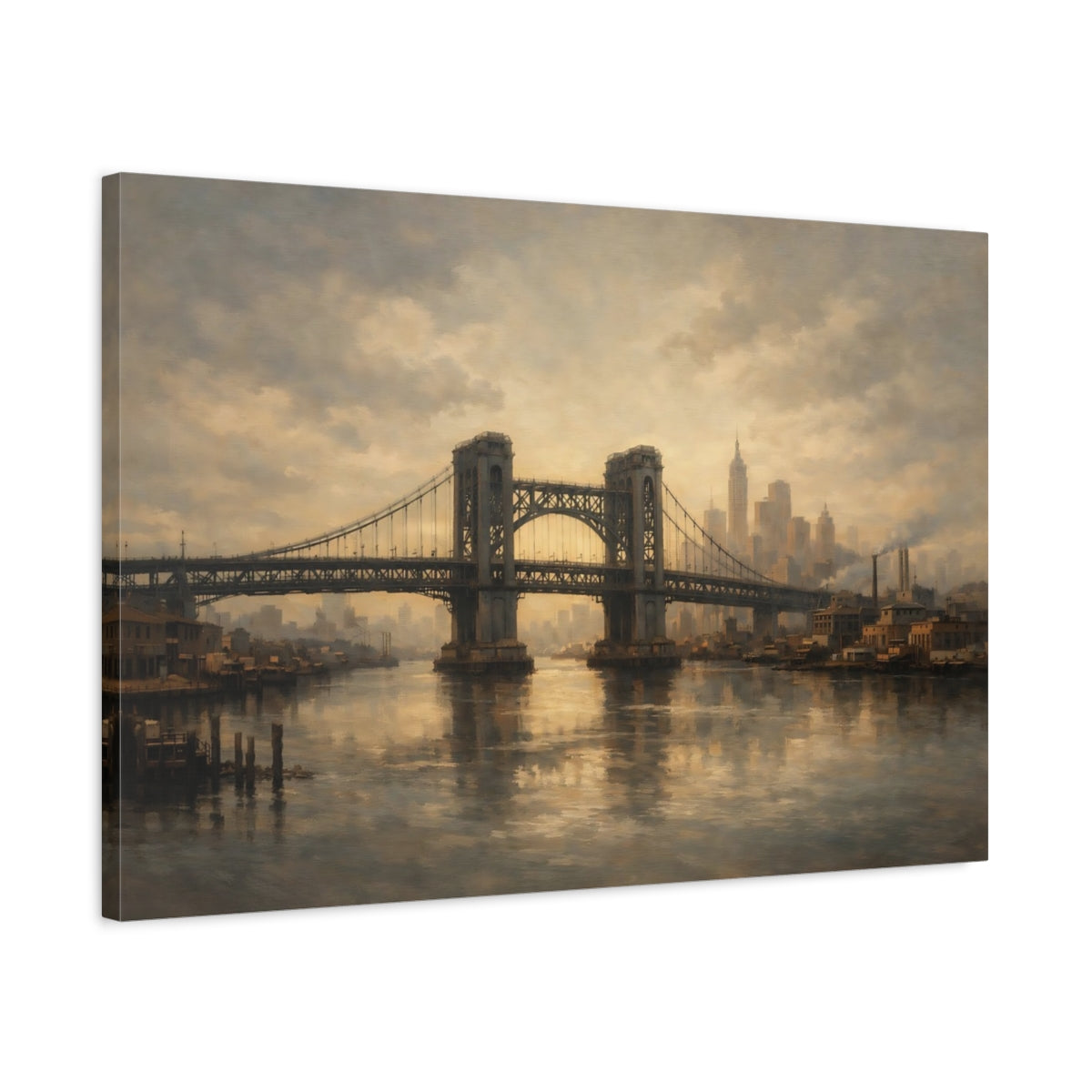 Side Mockup 2. Vintage City Bridge Brown And Gray shown as stretched canvas wall art