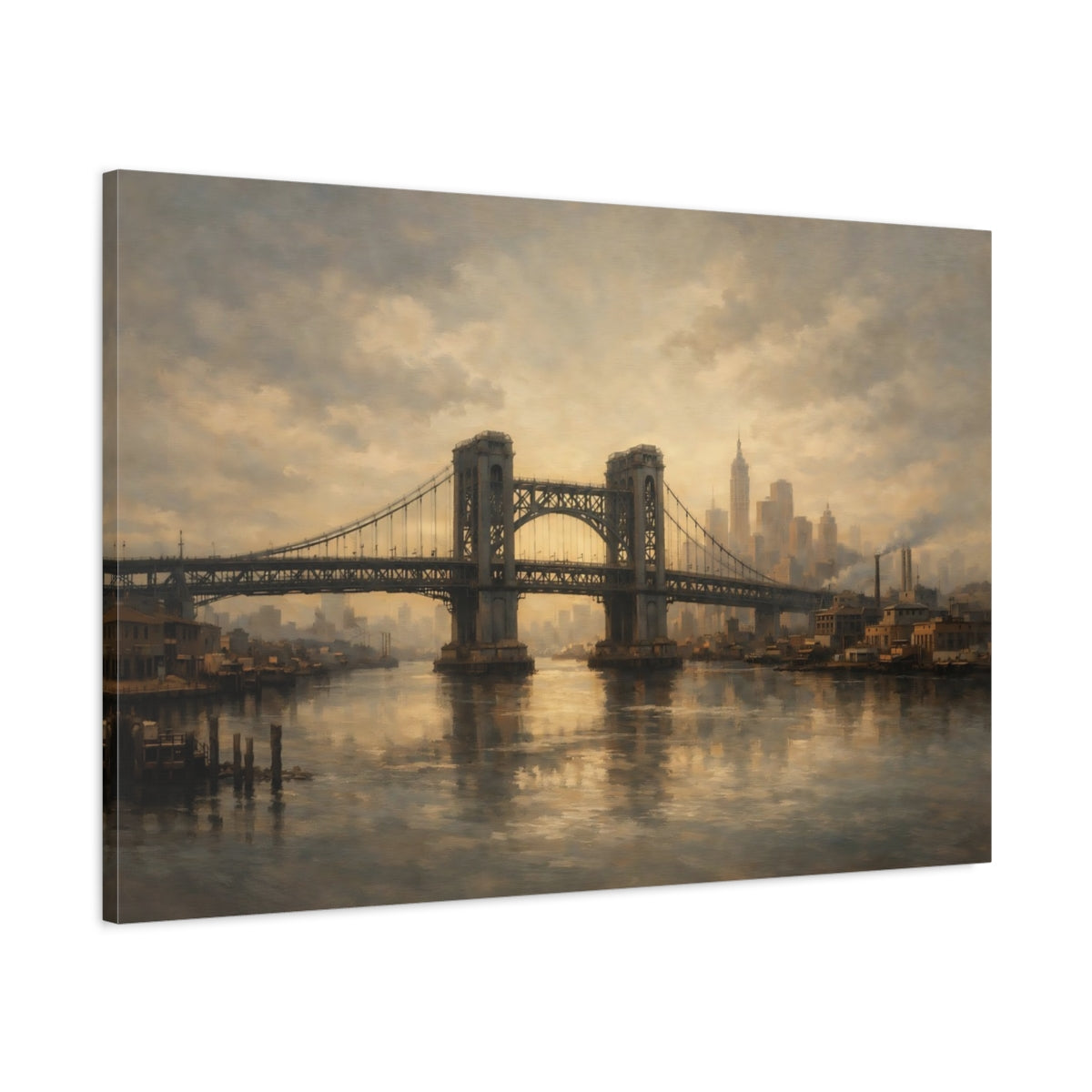 Side Mockup 1. Vintage City Bridge Brown And Gray shown as stretched canvas wall art