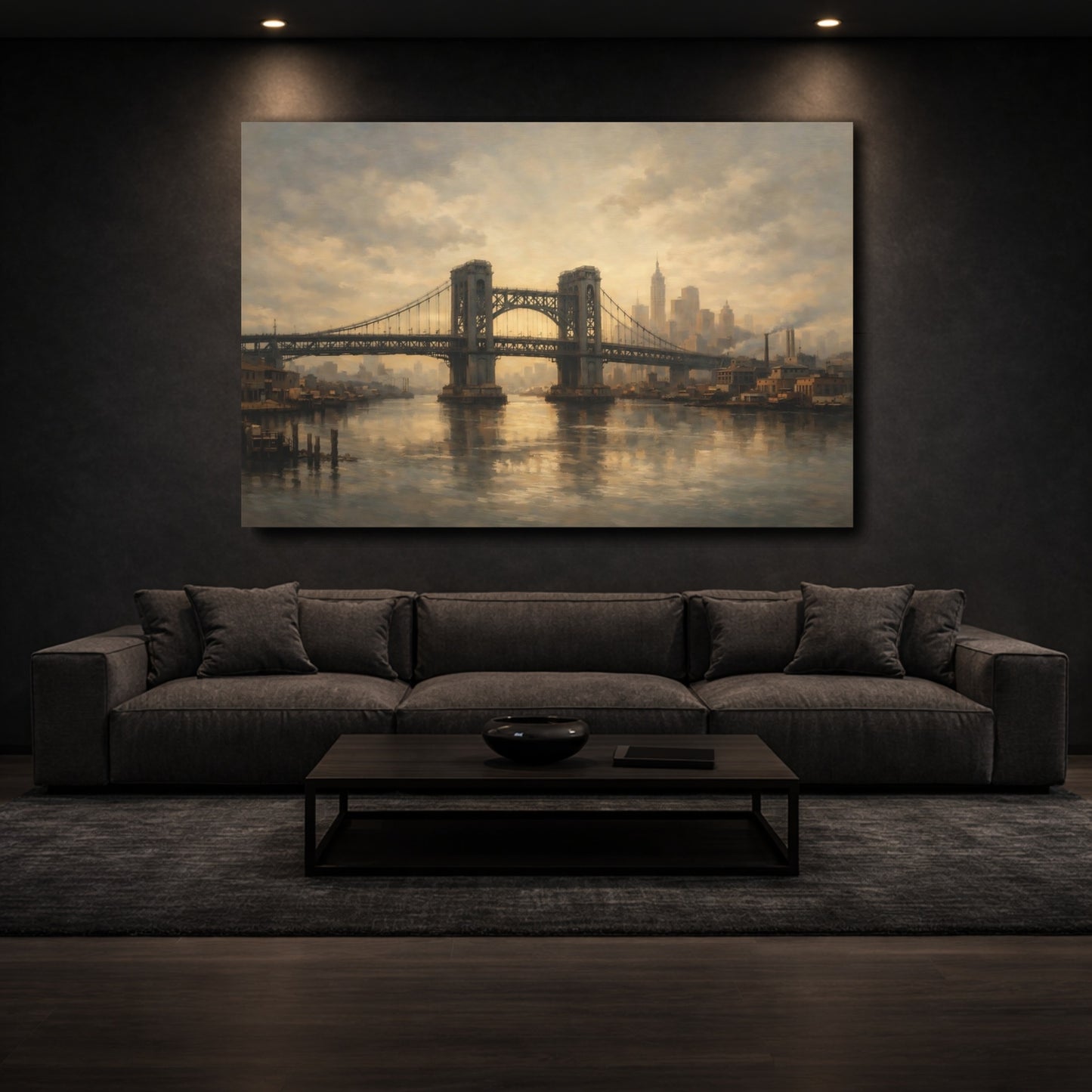 Mockup 2. Vintage City Bridge Brown And Gray shown as stretched canvas wall art