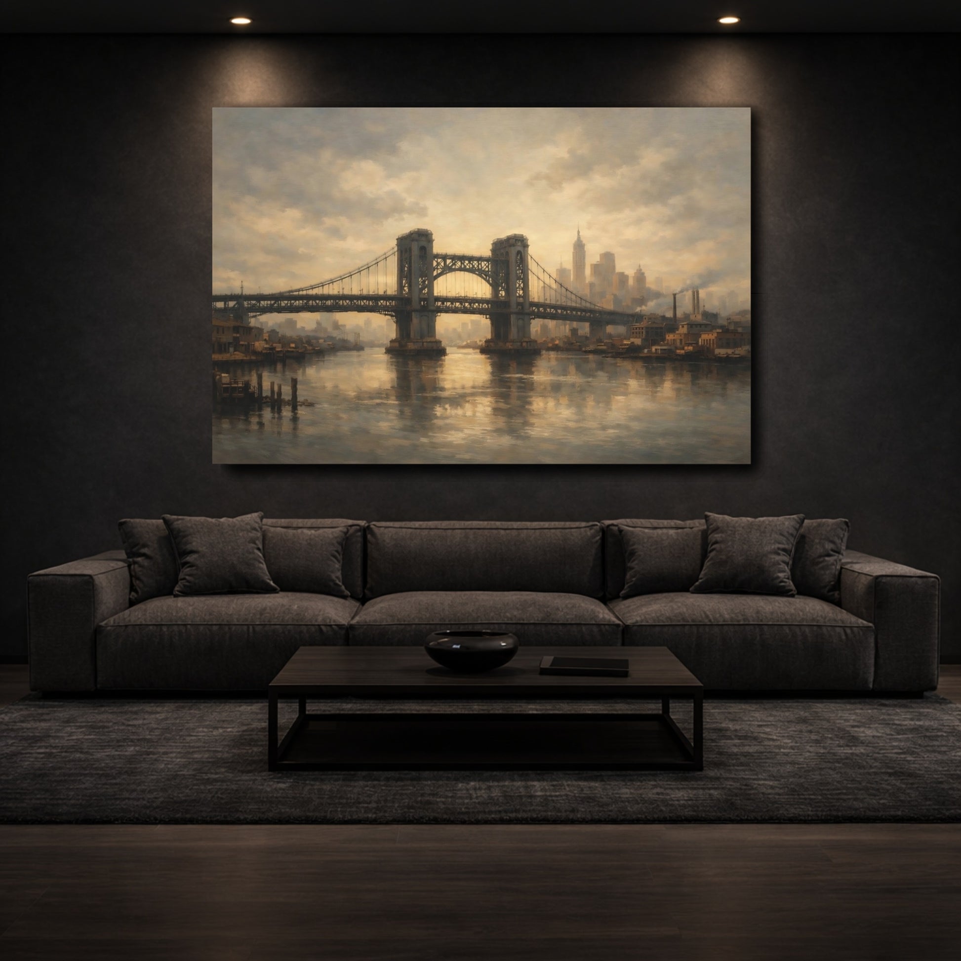 Mockup 2. Vintage City Bridge Brown And Gray shown as stretched canvas wall art