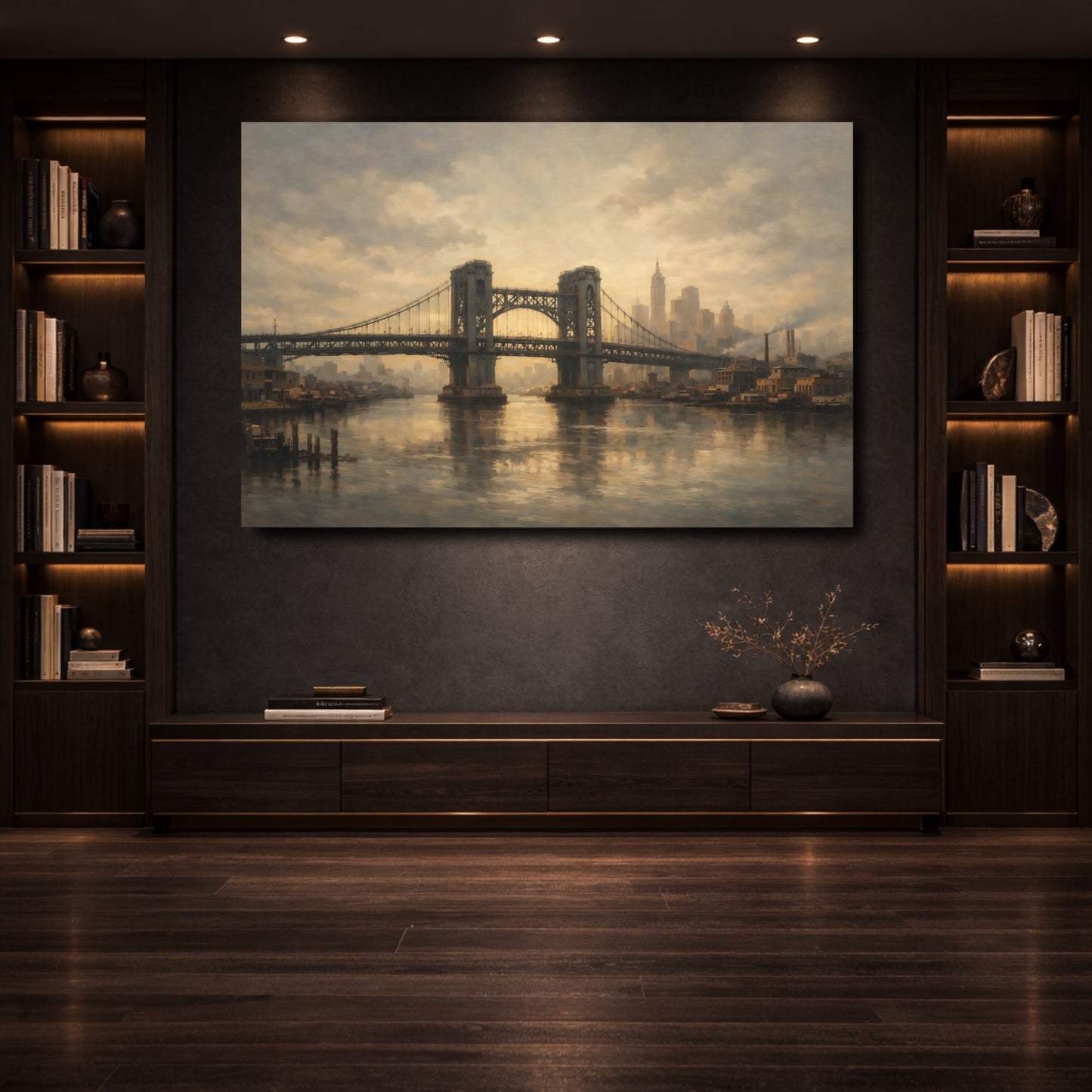 Mockup 3. Vintage City Bridge Brown And Gray shown as stretched canvas wall art