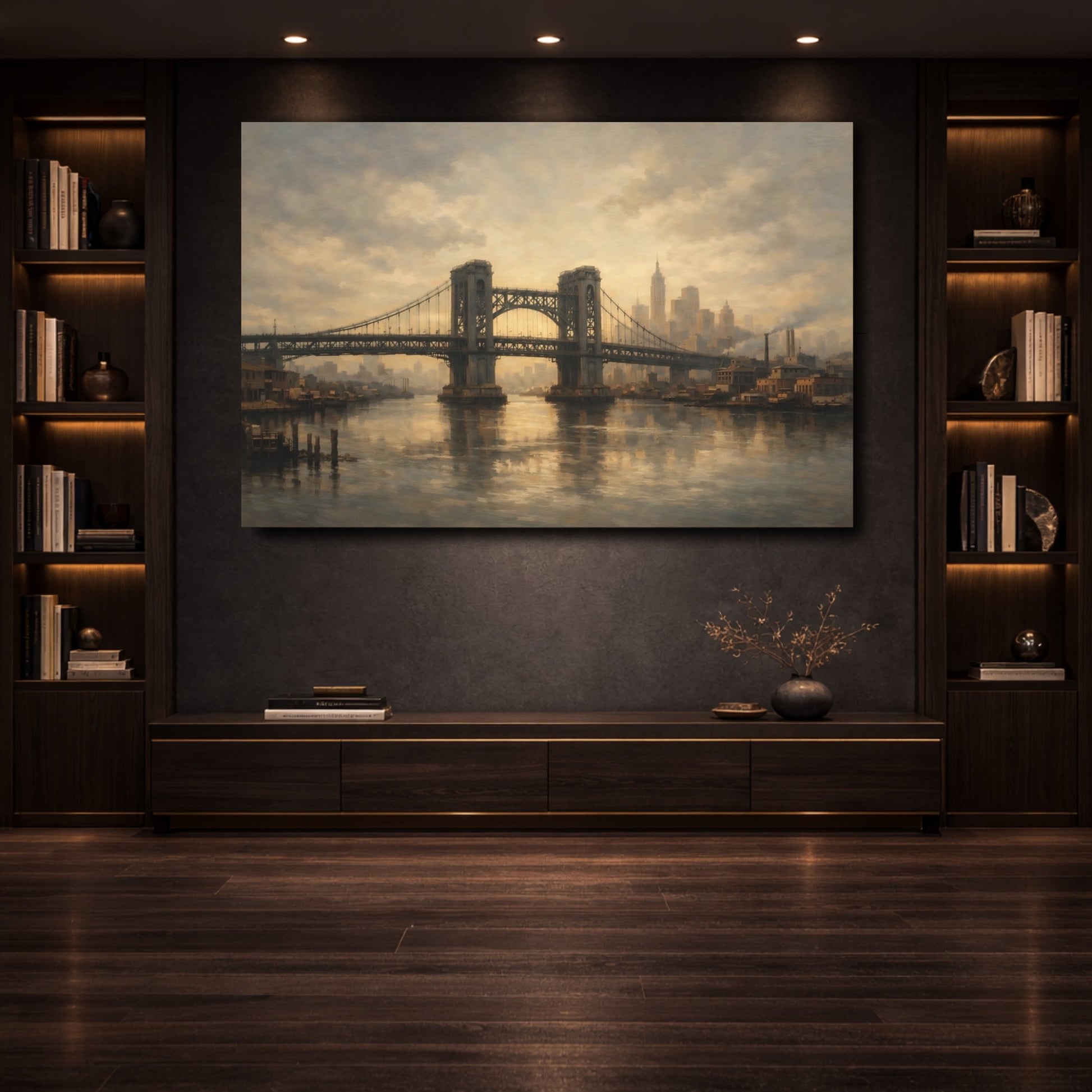 Mockup 3. Vintage City Bridge Brown And Gray shown as stretched canvas wall art