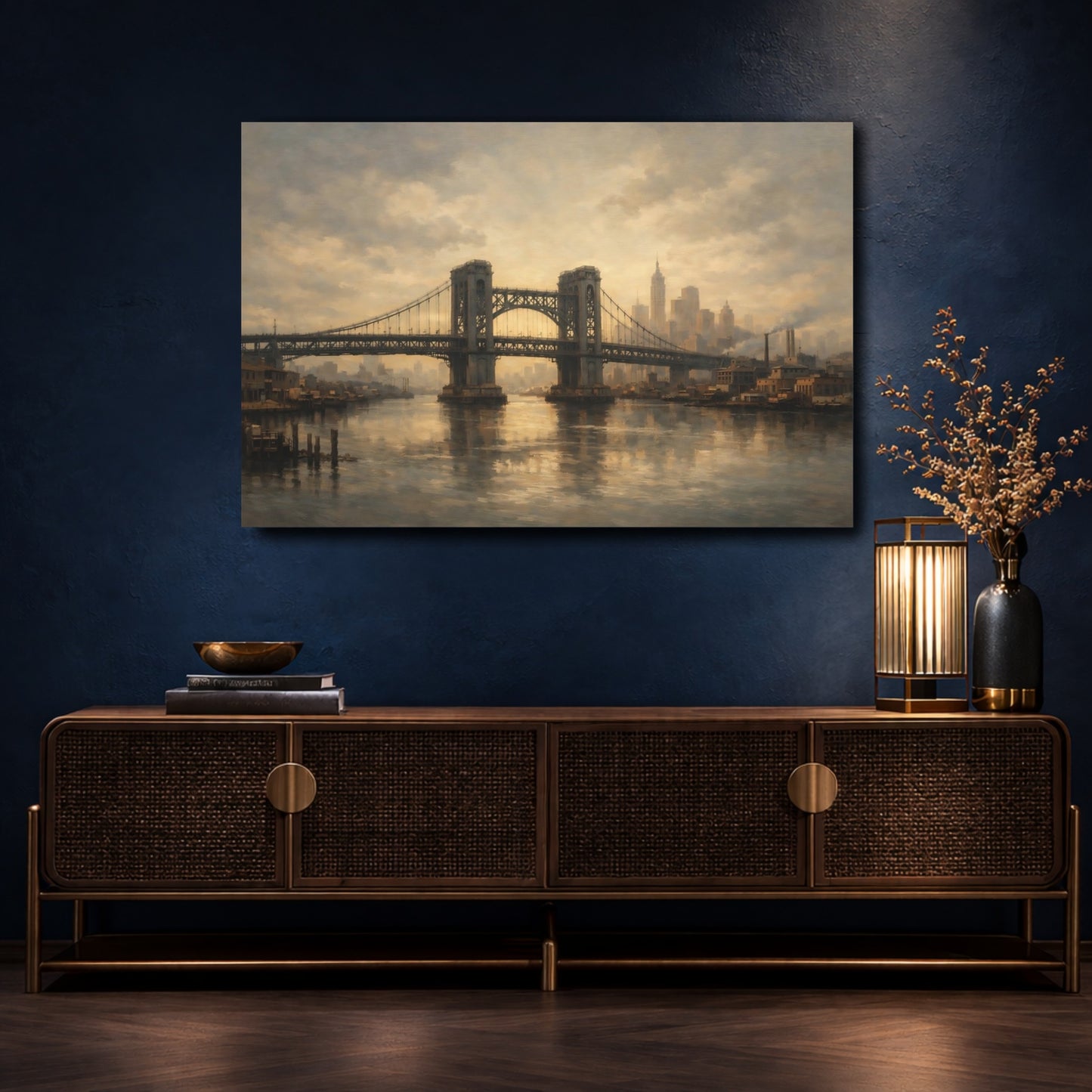 Mockup 4. Vintage City Bridge Brown And Gray shown as stretched canvas wall art