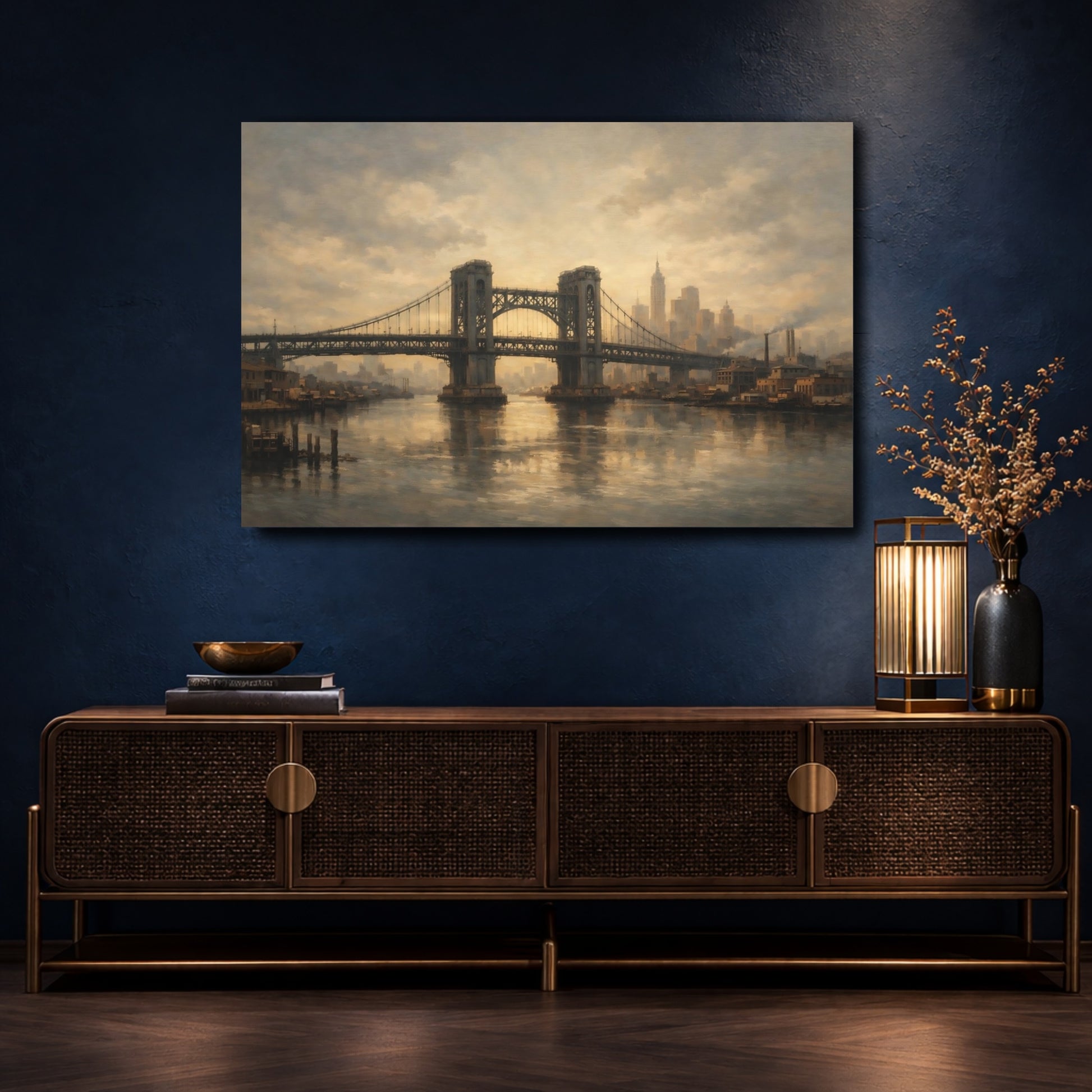 Mockup 4. Vintage City Bridge Brown And Gray shown as stretched canvas wall art