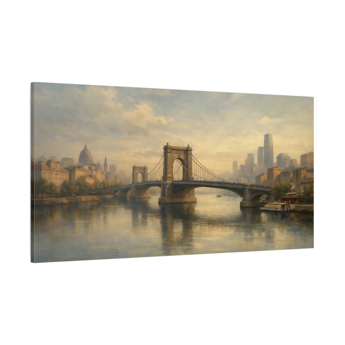 Main Mockup. Vintage City Bridge Muted Cityscape shown as stretched canvas wall art