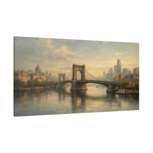 Main Mockup. Vintage City Bridge Muted Cityscape shown as stretched canvas wall art