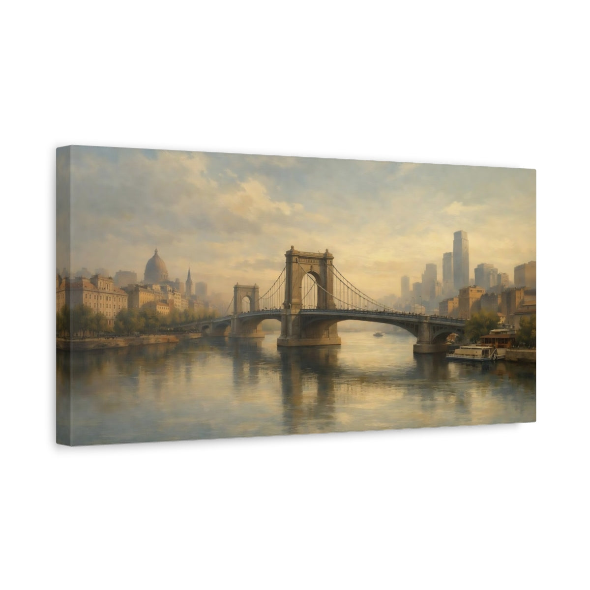 Side Mockup 3. Vintage City Bridge Muted Cityscape shown as stretched canvas wall art
