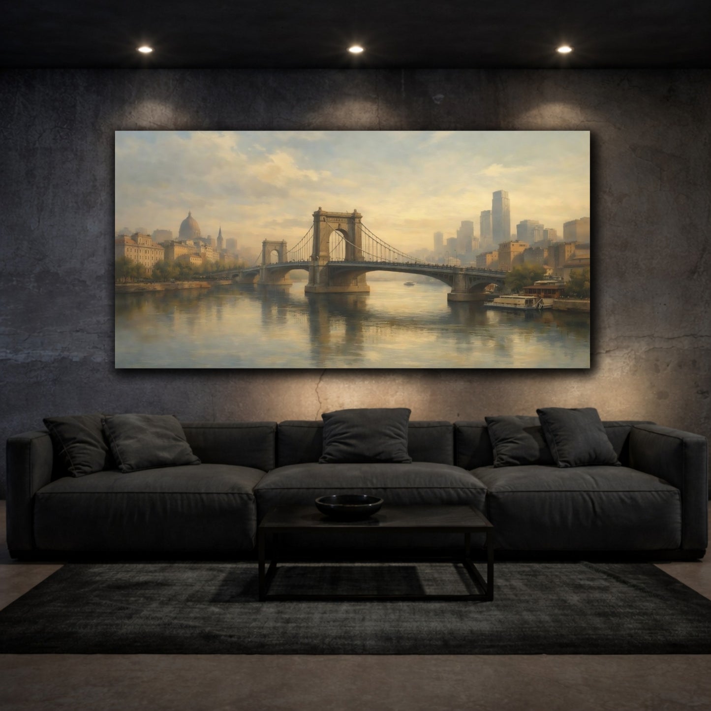 Mockup 2. Vintage City Bridge Muted Cityscape shown as stretched canvas wall art