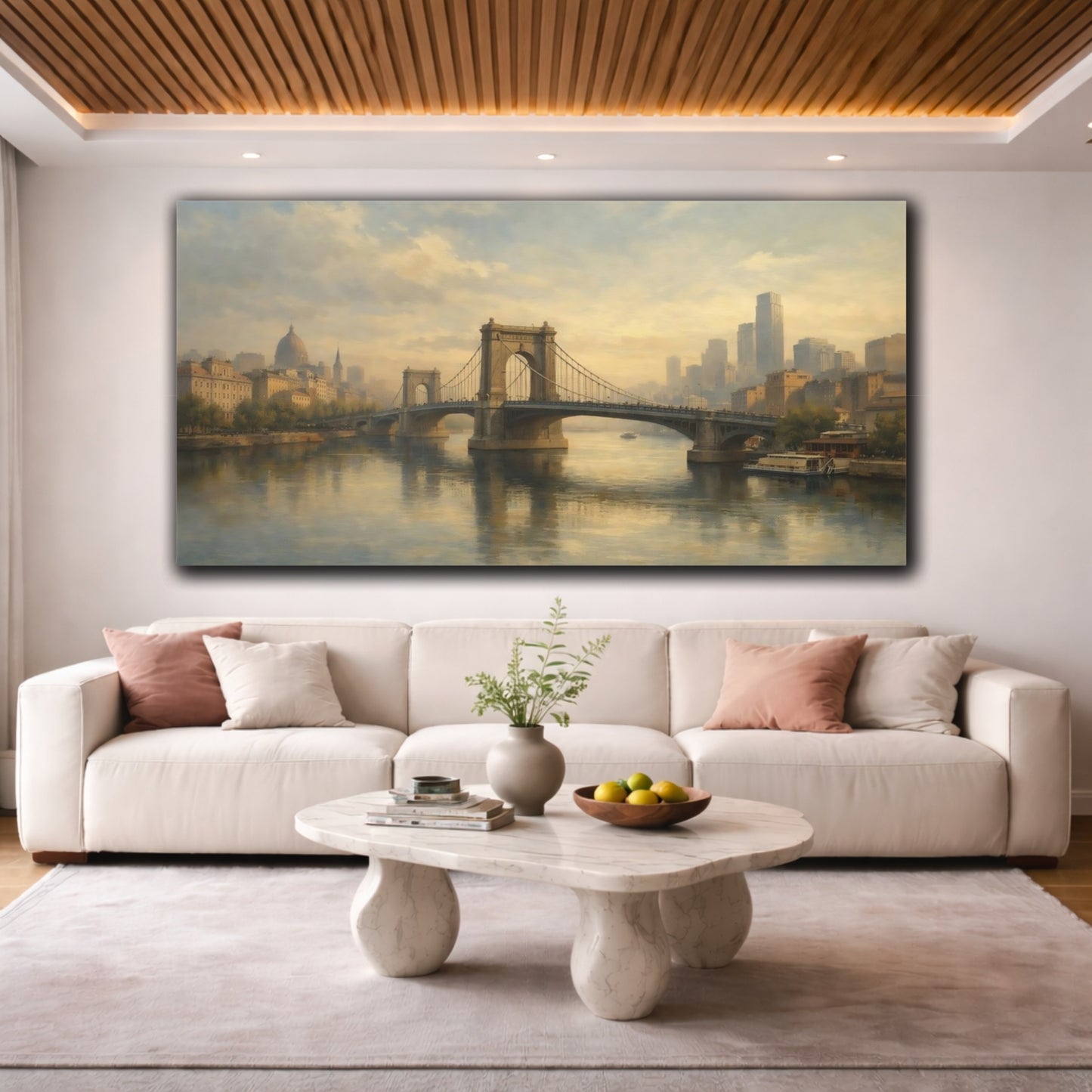 Mockup 3. Vintage City Bridge Muted Cityscape shown as stretched canvas wall art