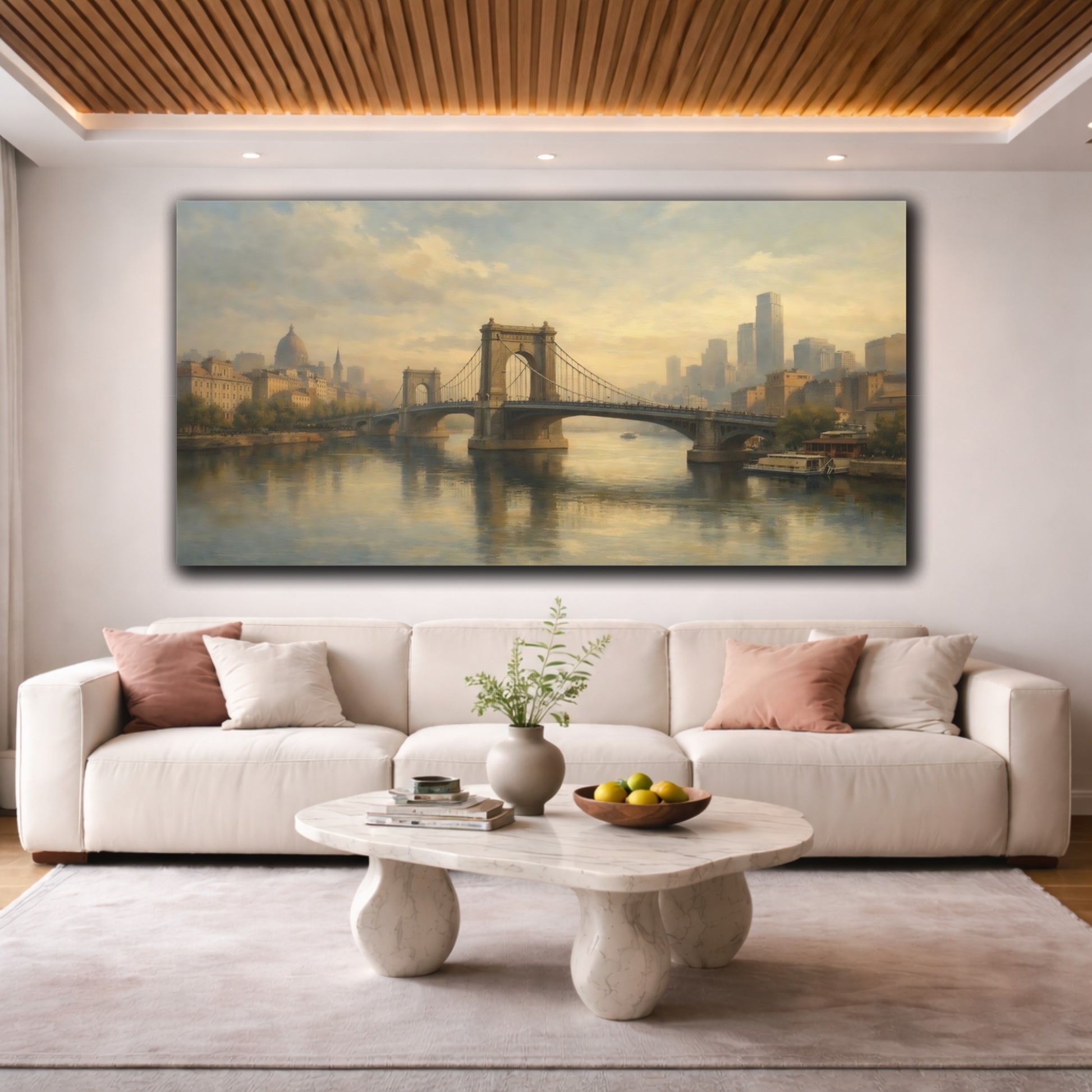 Mockup 3. Vintage City Bridge Muted Cityscape shown as stretched canvas wall art