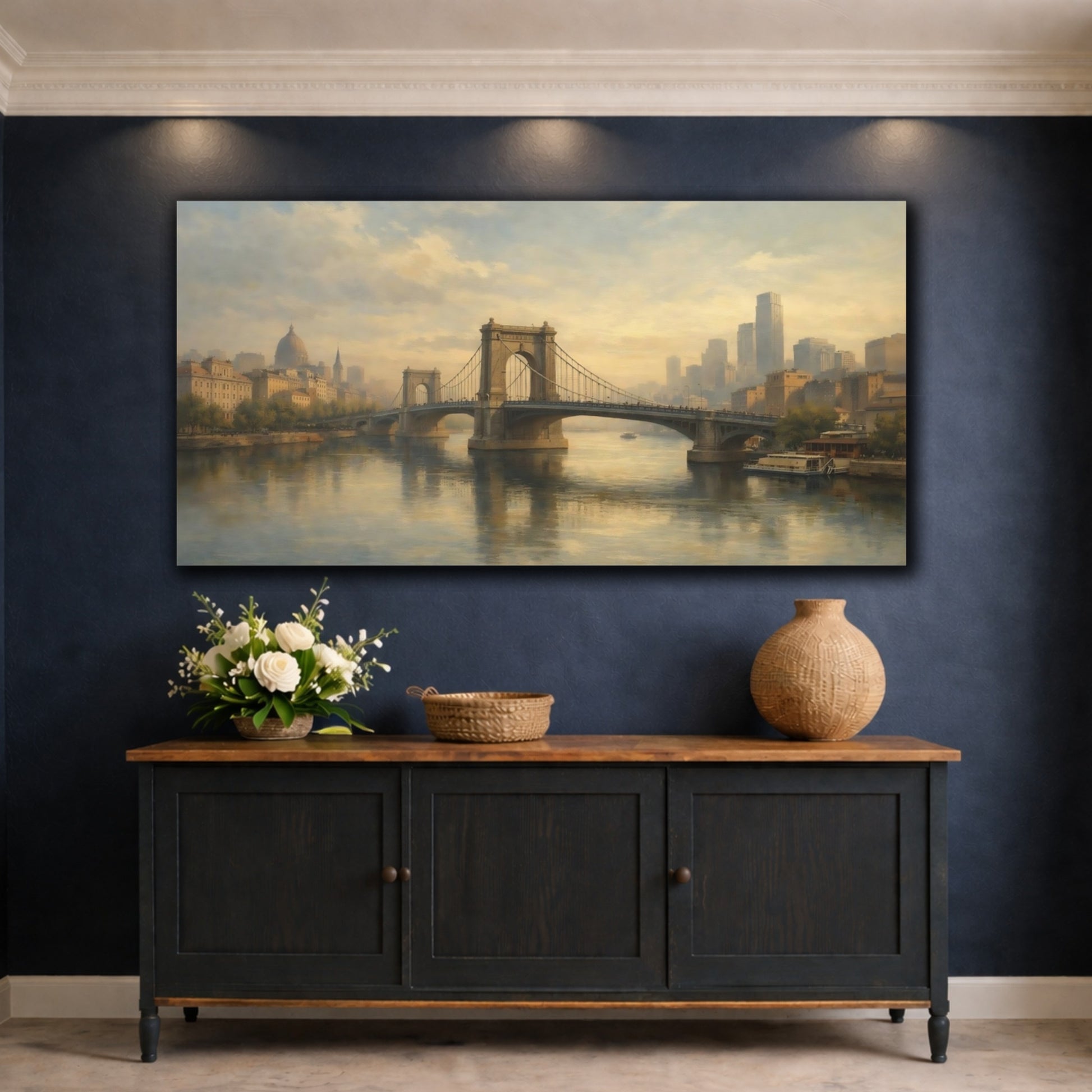 Mockup 4. Vintage City Bridge Muted Cityscape shown as stretched canvas wall art