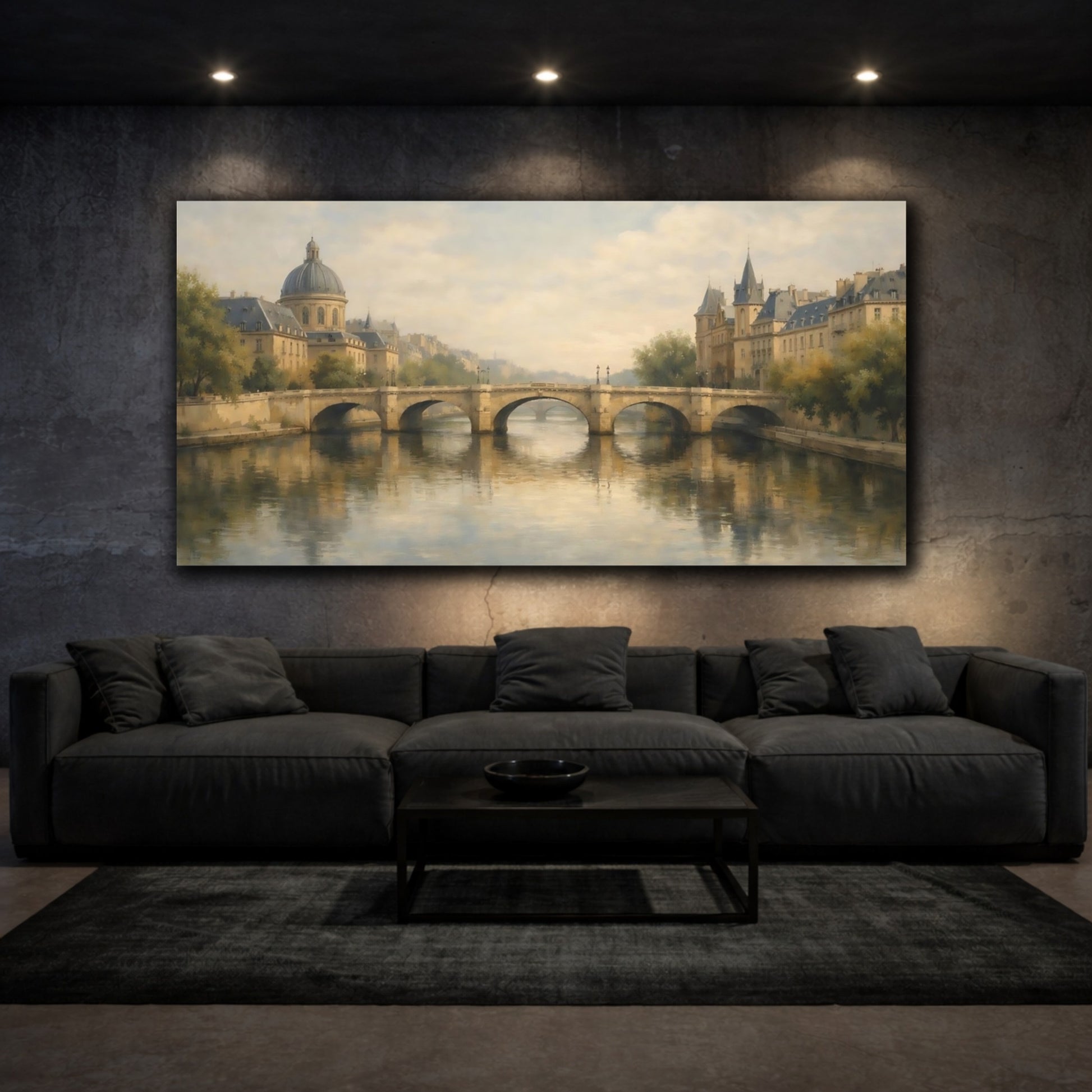 Mockup 2. Vintage City Bridge Vintage Cityscape shown as stretched canvas wall art