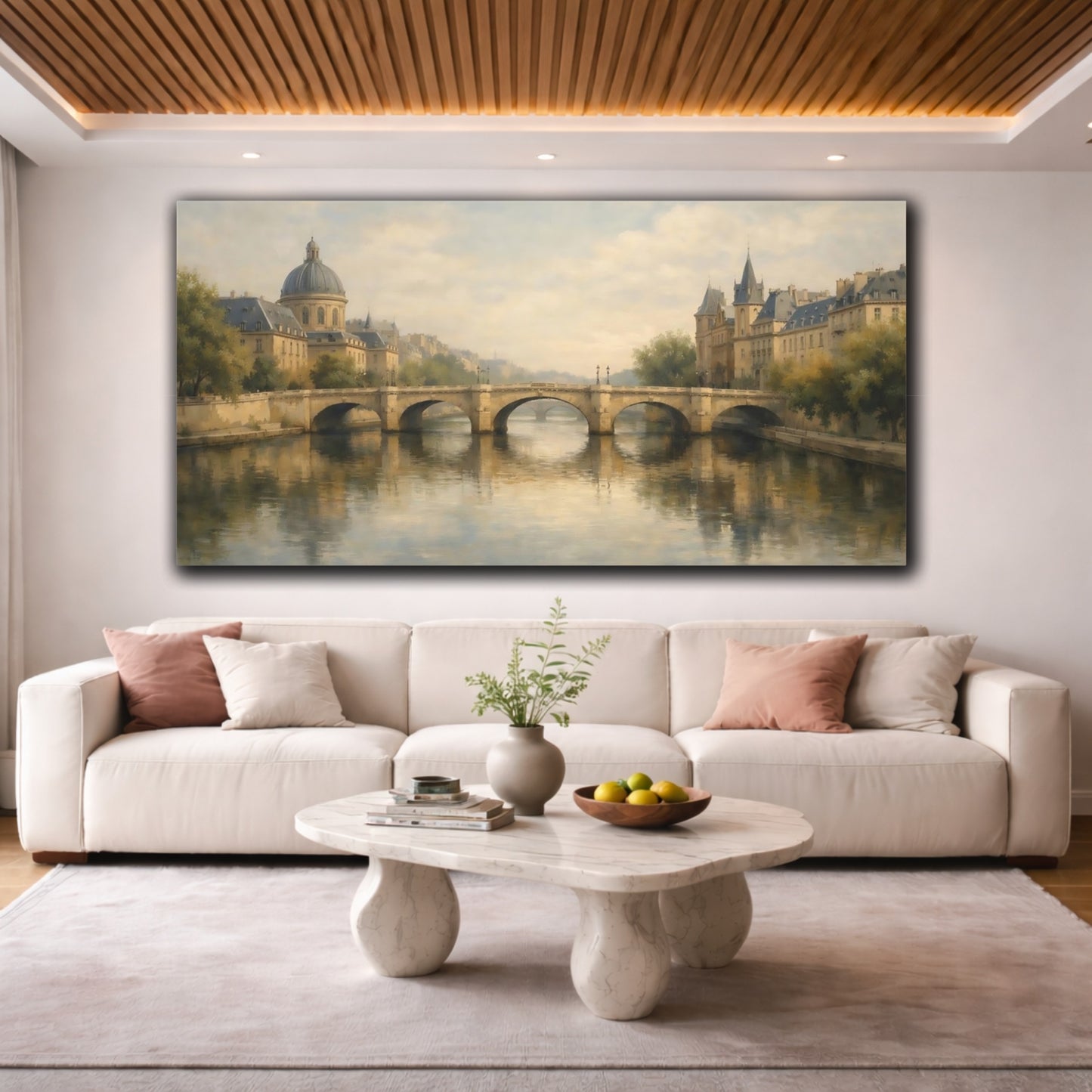 Mockup 3. Vintage City Bridge Vintage Cityscape shown as stretched canvas wall art