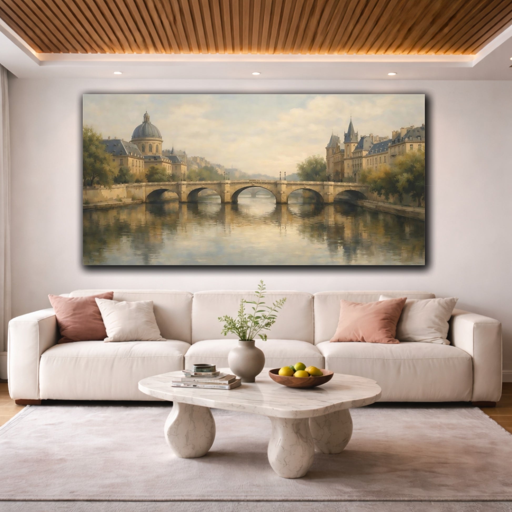 Mockup 3. Vintage City Bridge Vintage Cityscape shown as stretched canvas wall art