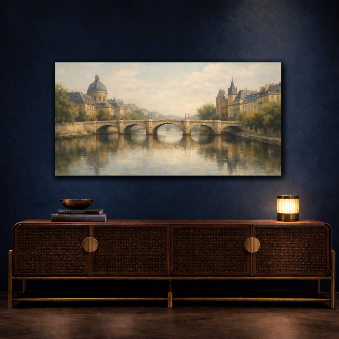 Mockup 4. Vintage City Bridge Vintage Cityscape shown as stretched canvas wall art