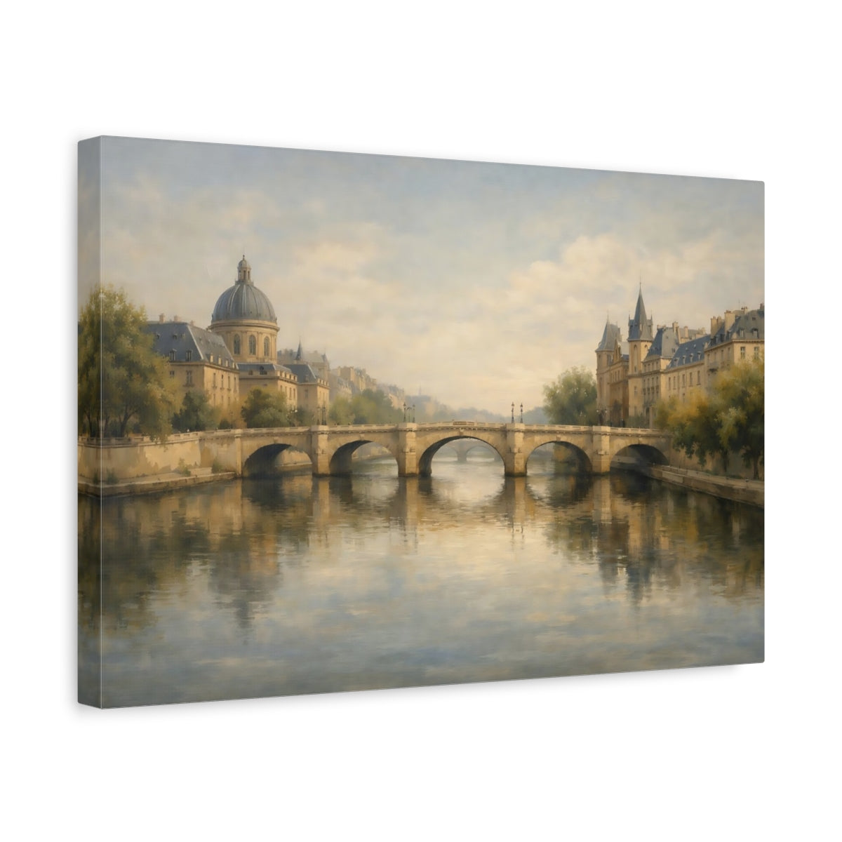 Side Mockup 4. Vintage City River River Cityscape shown as stretched canvas wall art