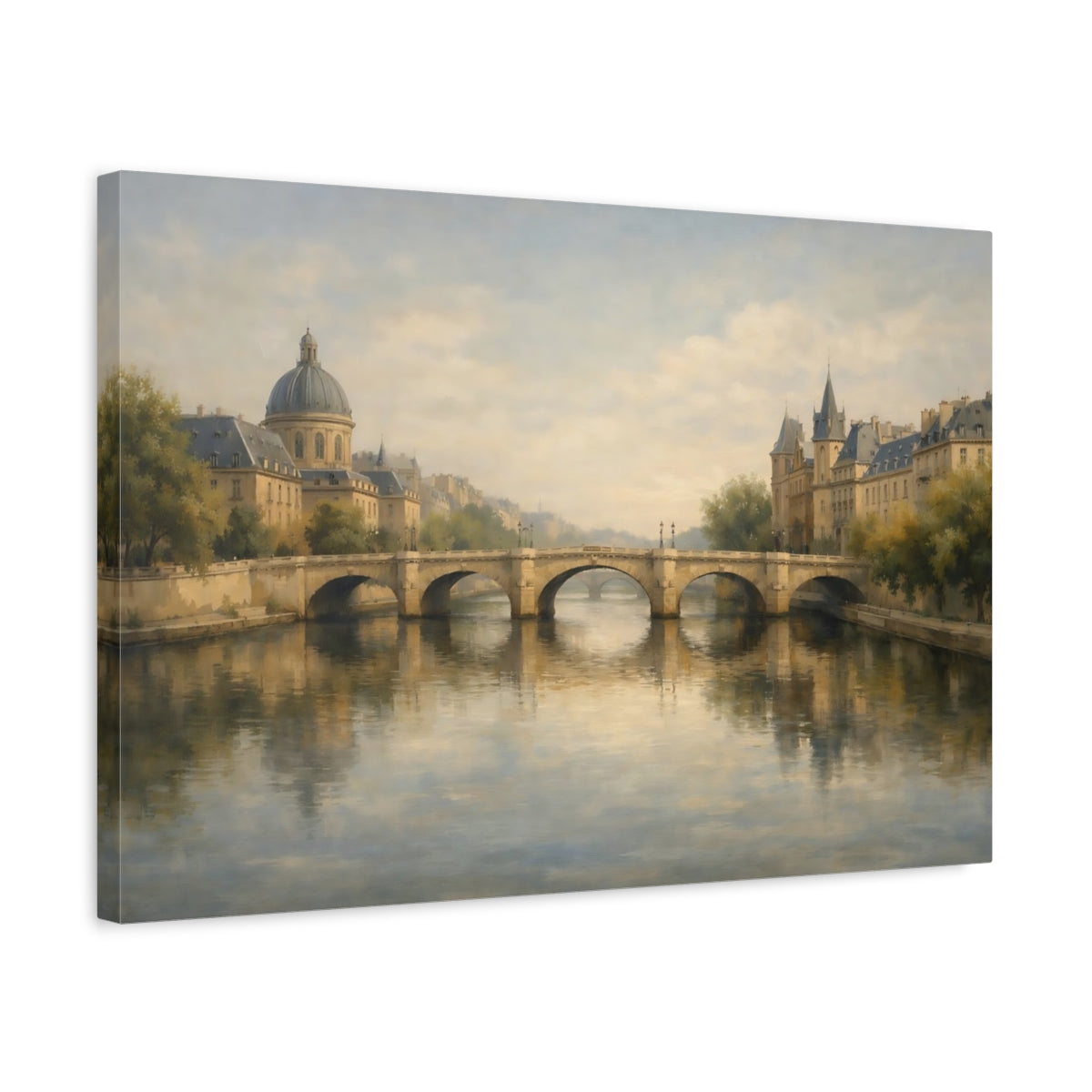 Side Mockup 3. Vintage City River River Cityscape shown as stretched canvas wall art