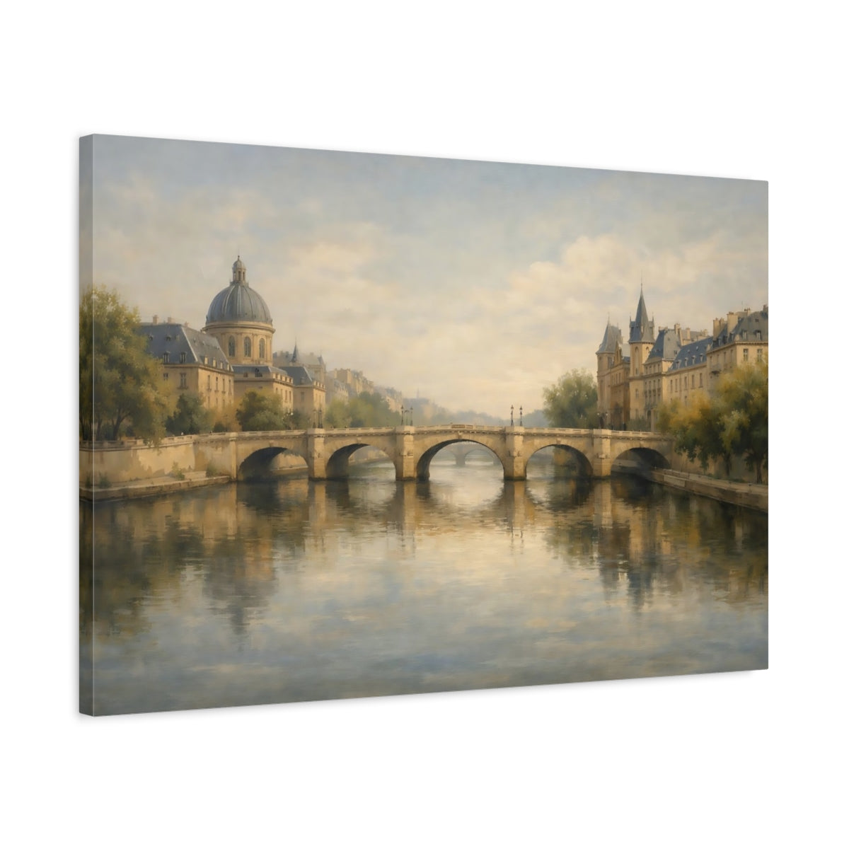 Side Mockup 2. Vintage City River River Cityscape shown as stretched canvas wall art