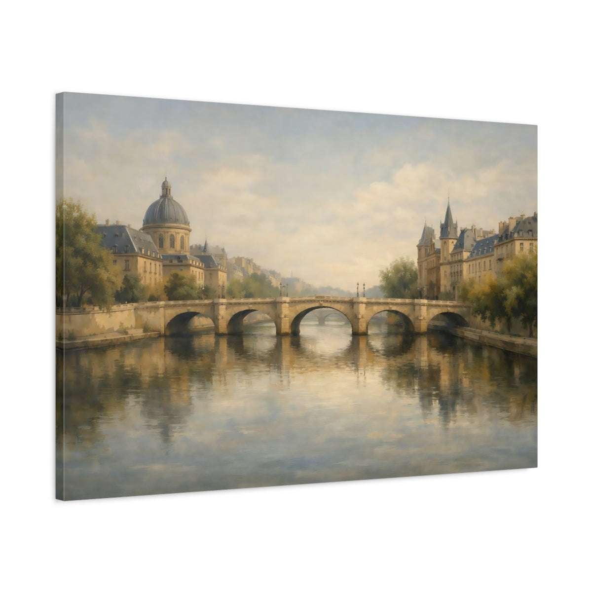 Side Mockup 1. Vintage City River River Cityscape shown as stretched canvas wall art