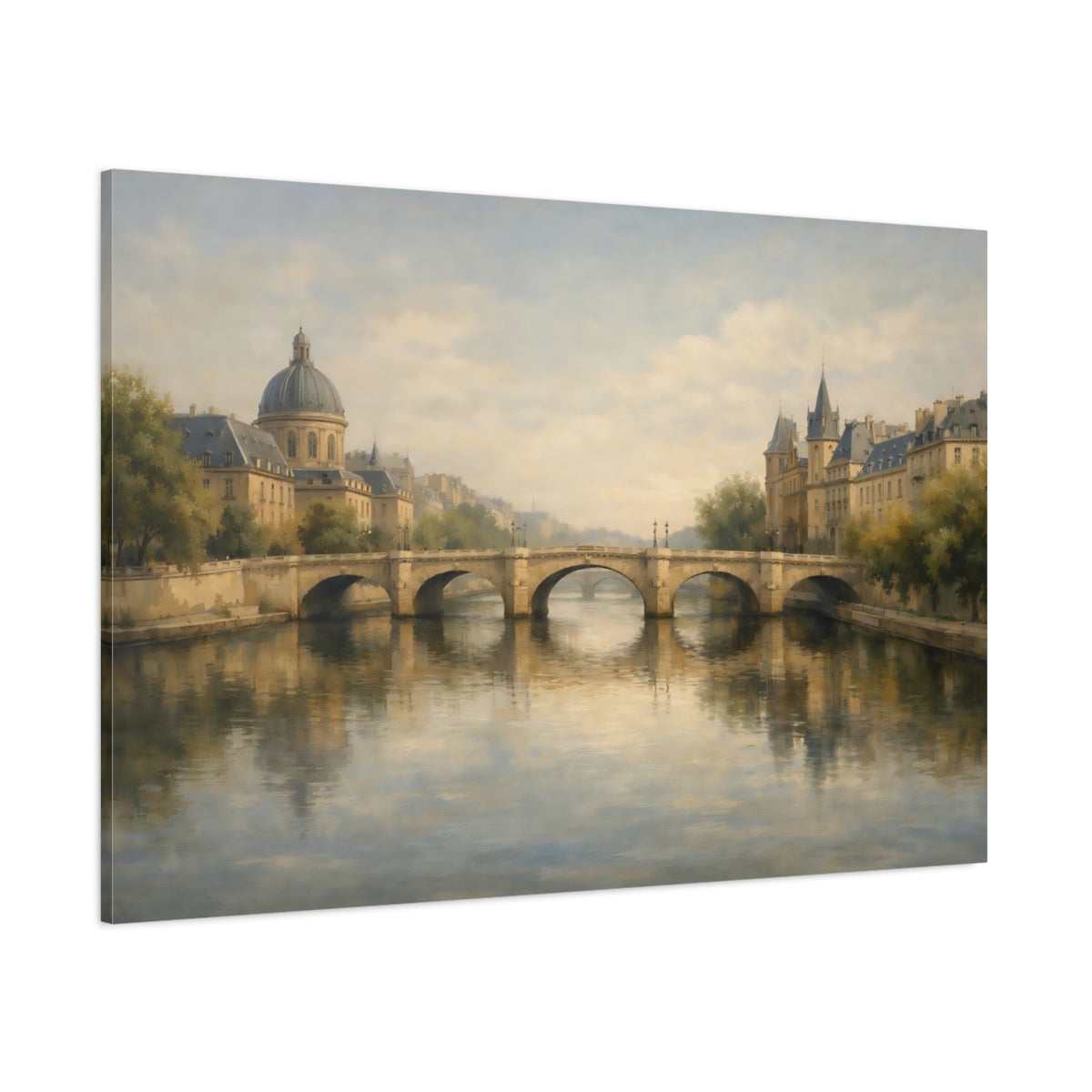 Main Mockup. Vintage City River River Cityscape shown as stretched canvas wall art