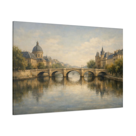 Main Mockup. Vintage City River River Cityscape shown as stretched canvas wall art