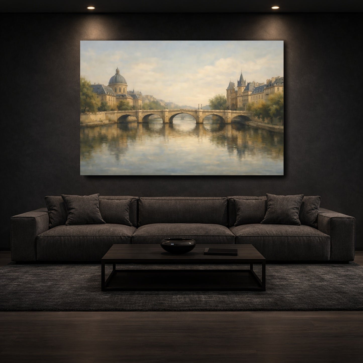 Mockup 2. Vintage City River River Cityscape shown as stretched canvas wall art