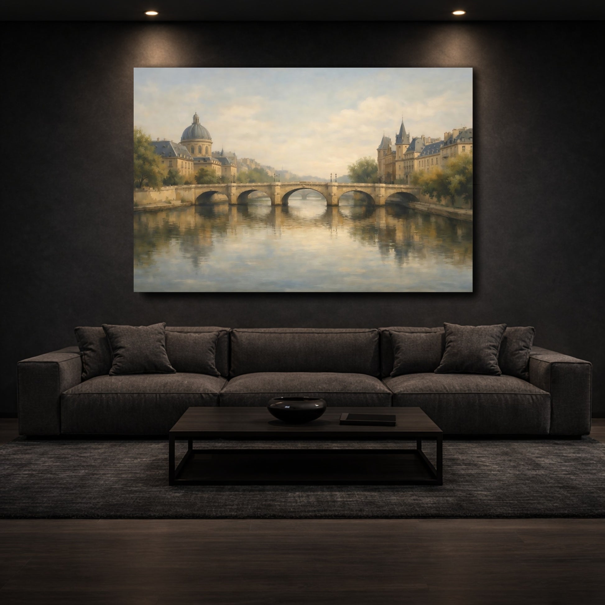 Mockup 2. Vintage City River River Cityscape shown as stretched canvas wall art