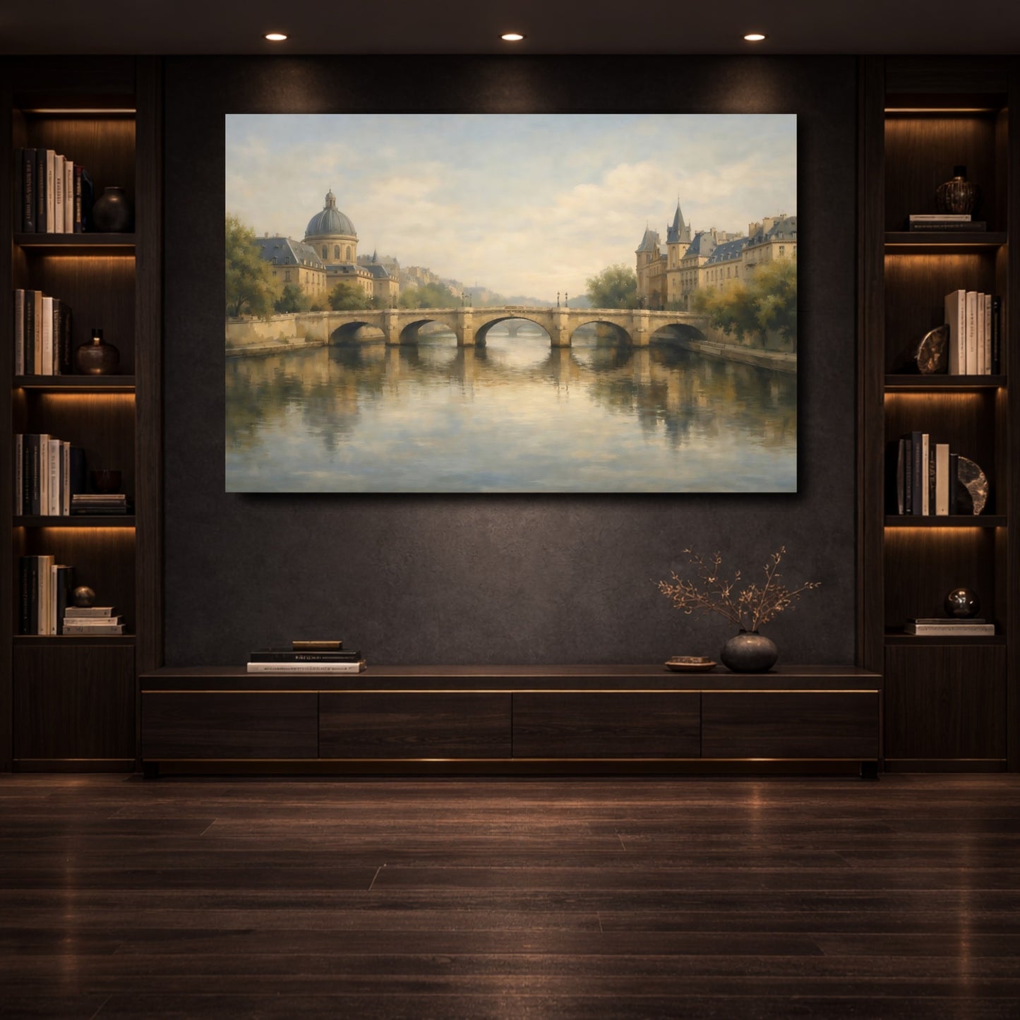 Mockup 3. Vintage City River River Cityscape shown as stretched canvas wall art