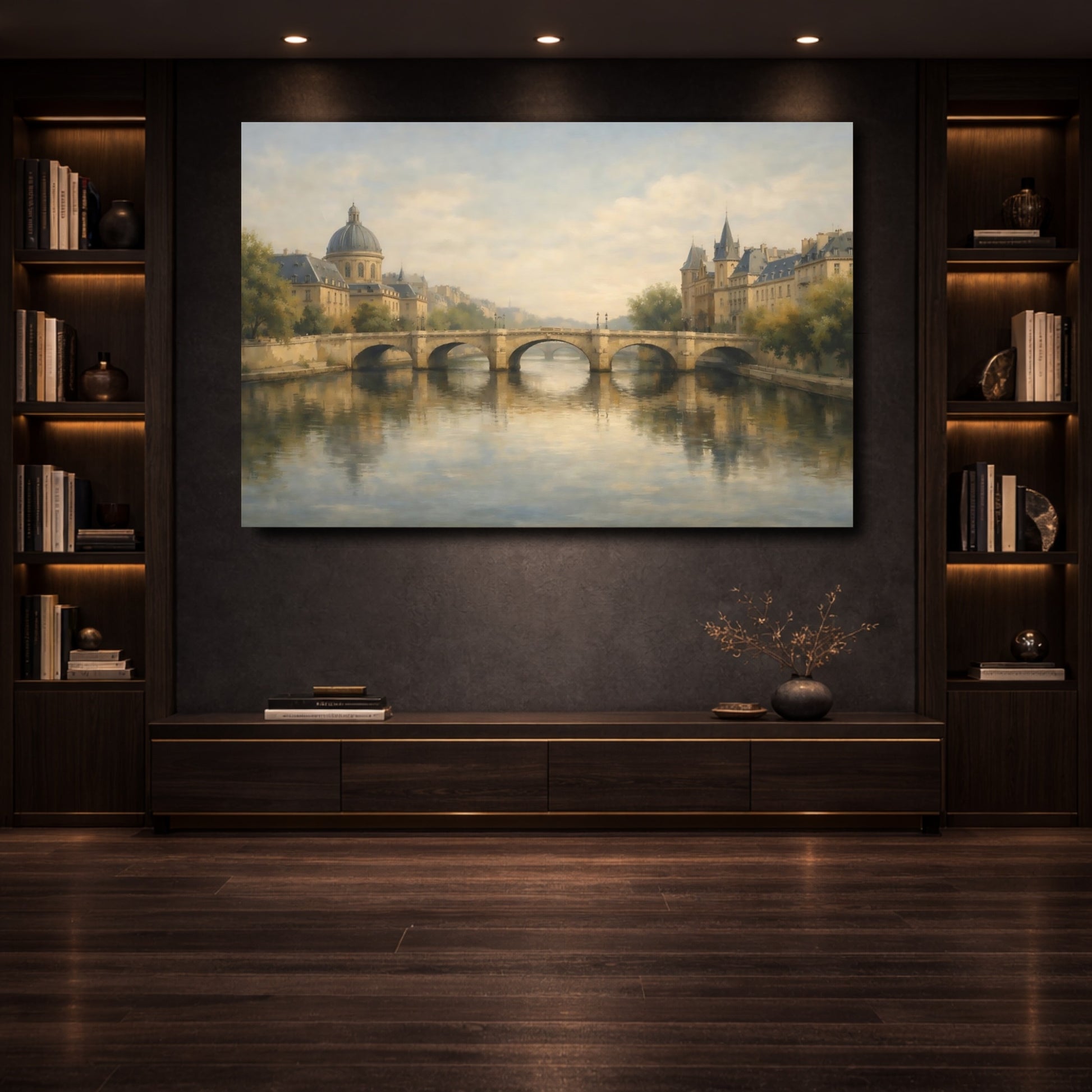 Mockup 3. Vintage City River River Cityscape shown as stretched canvas wall art