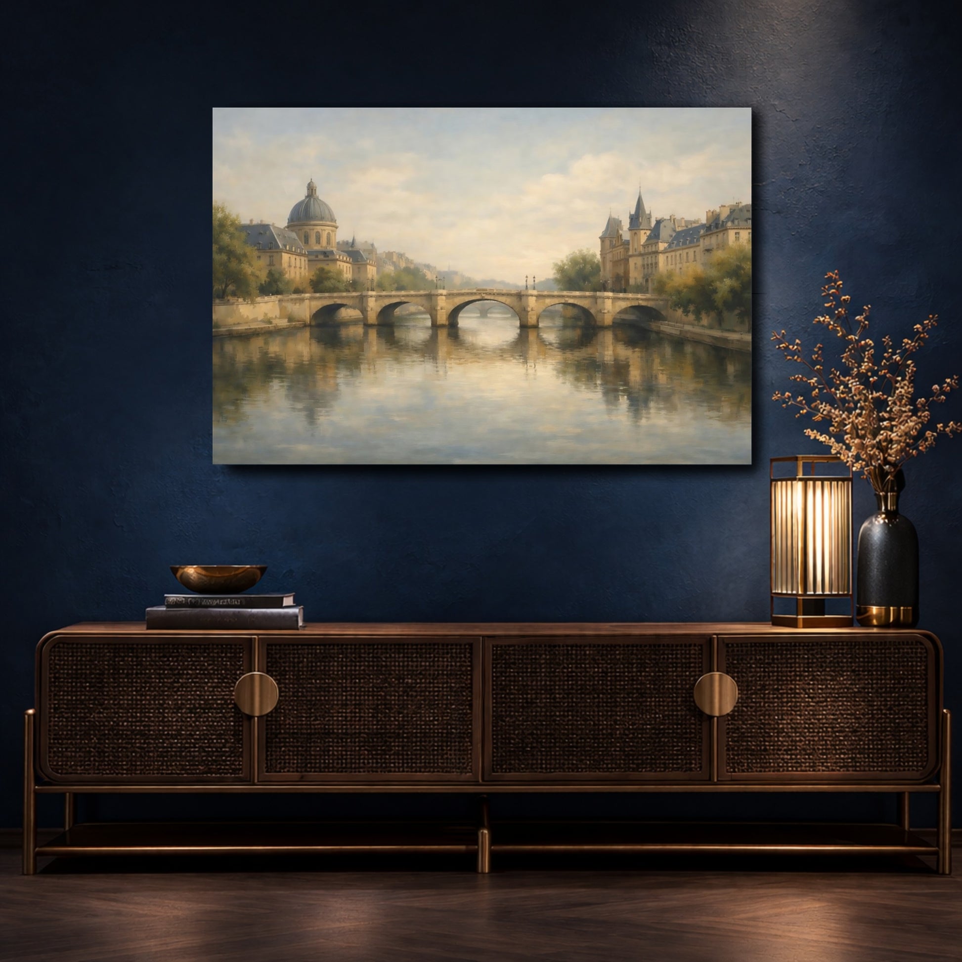 Mockup 4. Vintage City River River Cityscape shown as stretched canvas wall art