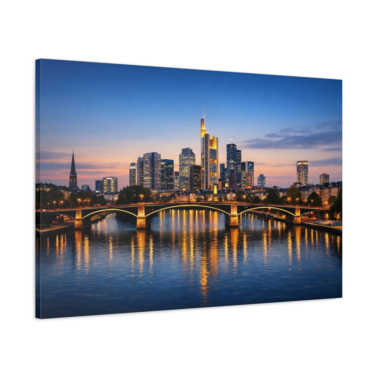 Side Mockup 1. Vintage City Skyline Blue And Gold City shown as stretched canvas wall art