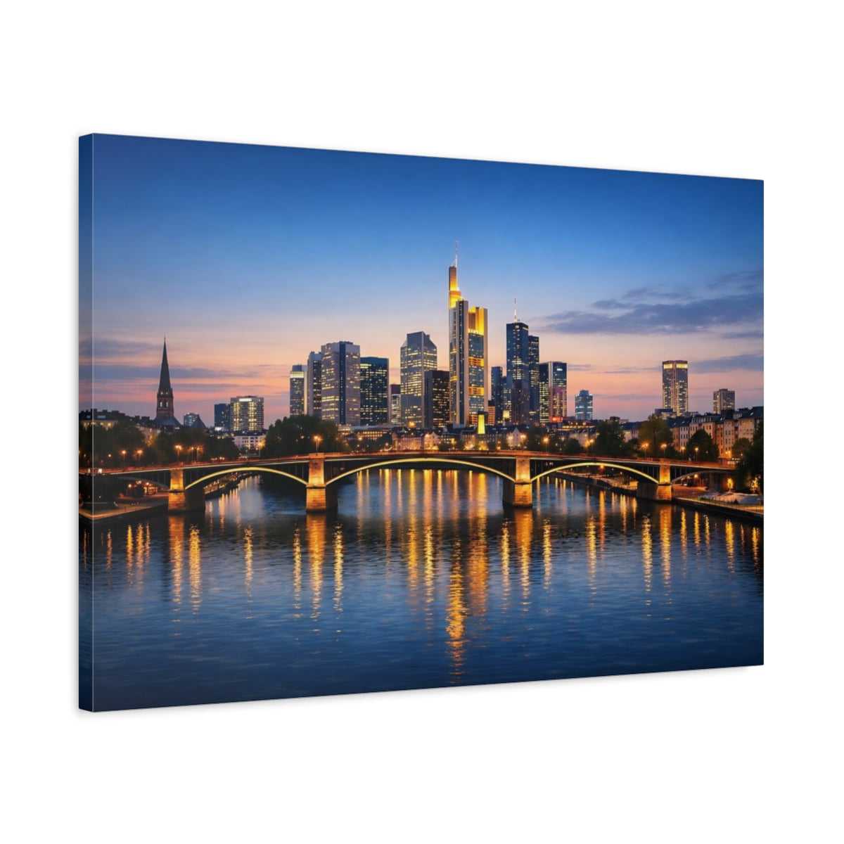 Side Mockup 2. Vintage City Skyline Blue And Gold City shown as stretched canvas wall art