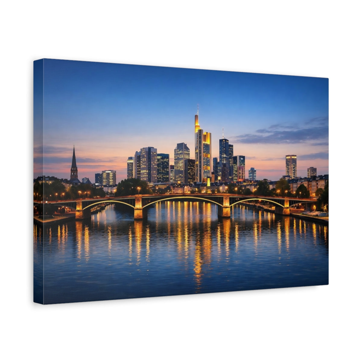 Side Mockup 4. Vintage City Skyline Blue And Gold City shown as stretched canvas wall art