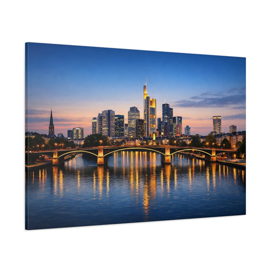 Main Mockup. Vintage City Skyline Blue And Gold City shown as stretched canvas wall art