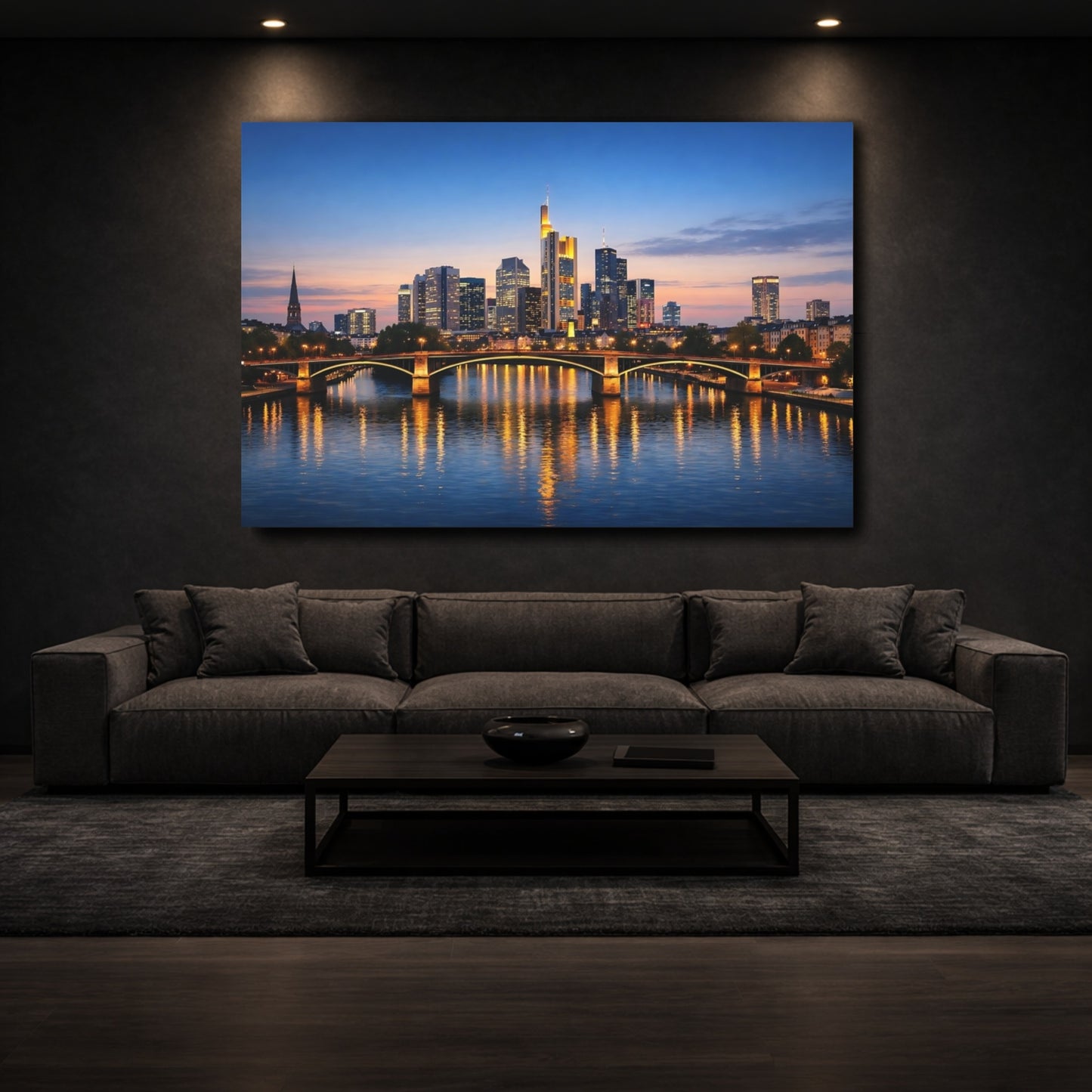 Mockup 2. Vintage City Skyline Blue And Gold City shown as stretched canvas wall art