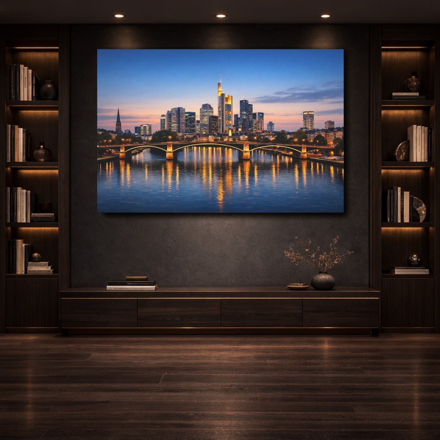 Mockup 3. Vintage City Skyline Blue And Gold City shown as stretched canvas wall art