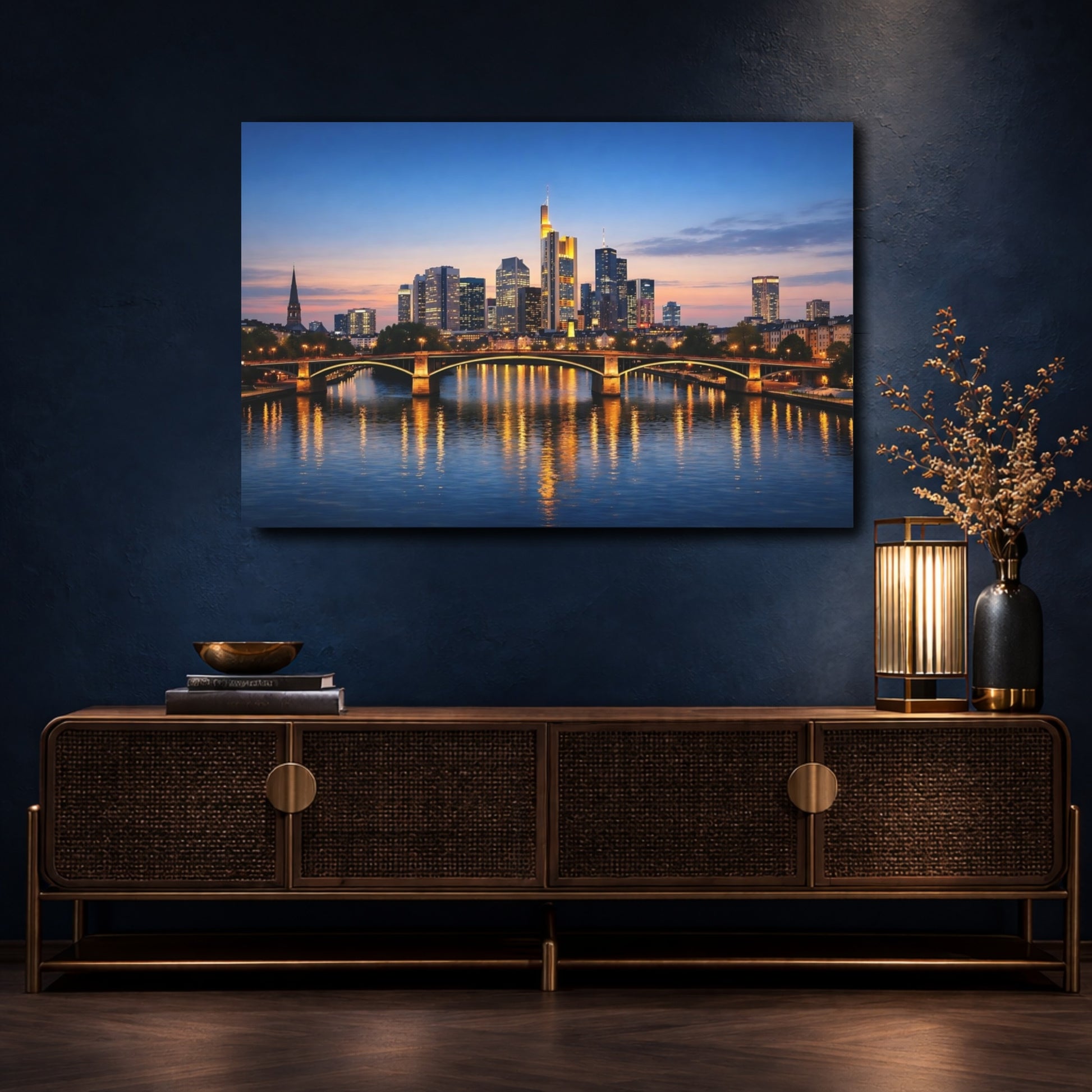Mockup 4. Vintage City Skyline Blue And Gold City shown as stretched canvas wall art