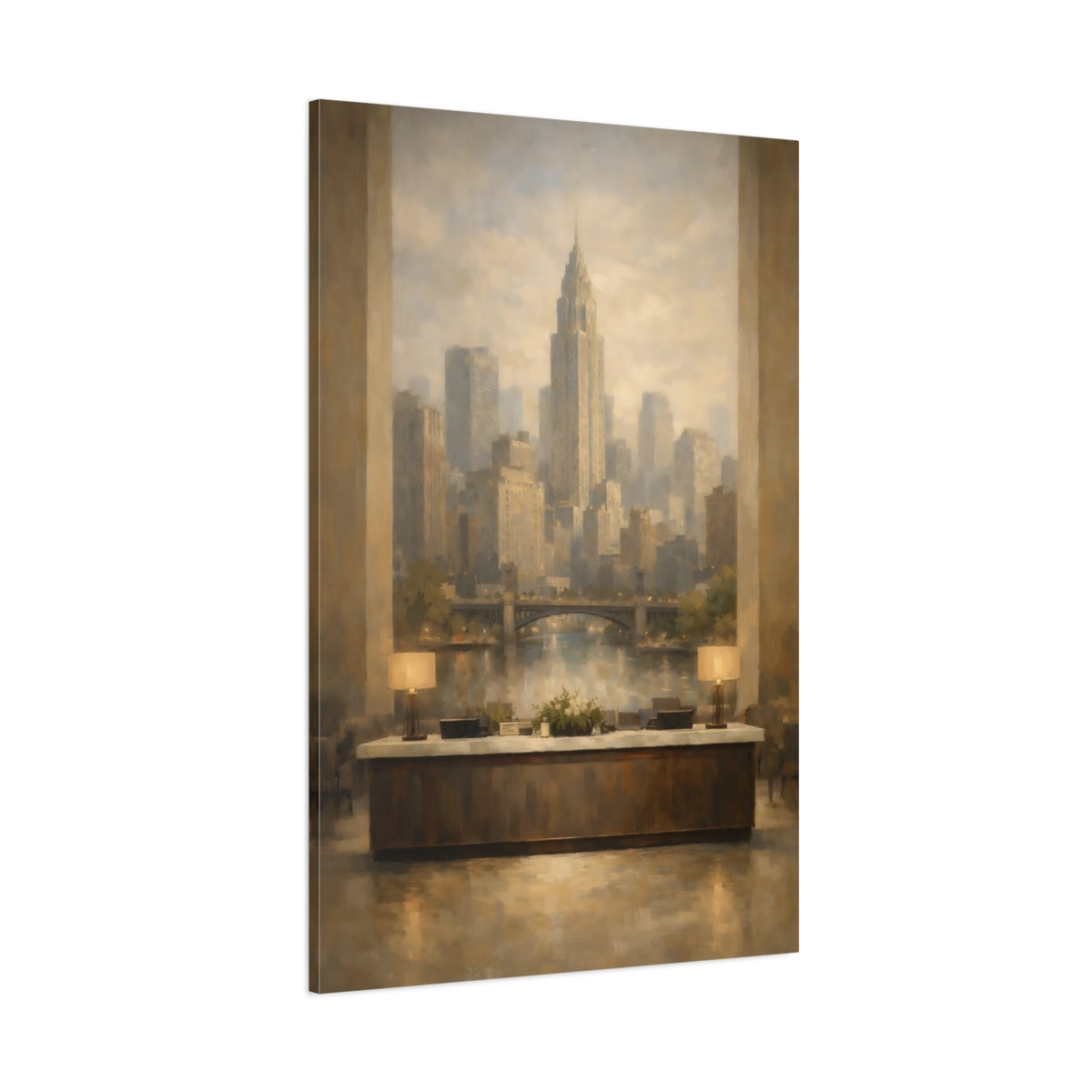 Main Mockup. Vintage City Skyline Brown Gold Cityscape shown as stretched canvas wall art