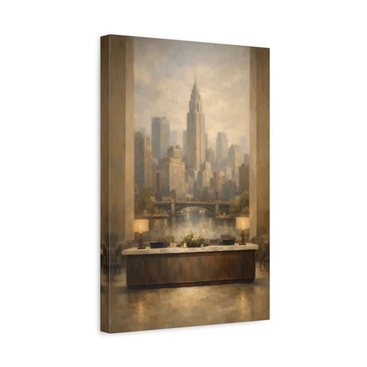 Side Mockup 4. Vintage City Skyline Brown Gold Cityscape shown as stretched canvas wall art