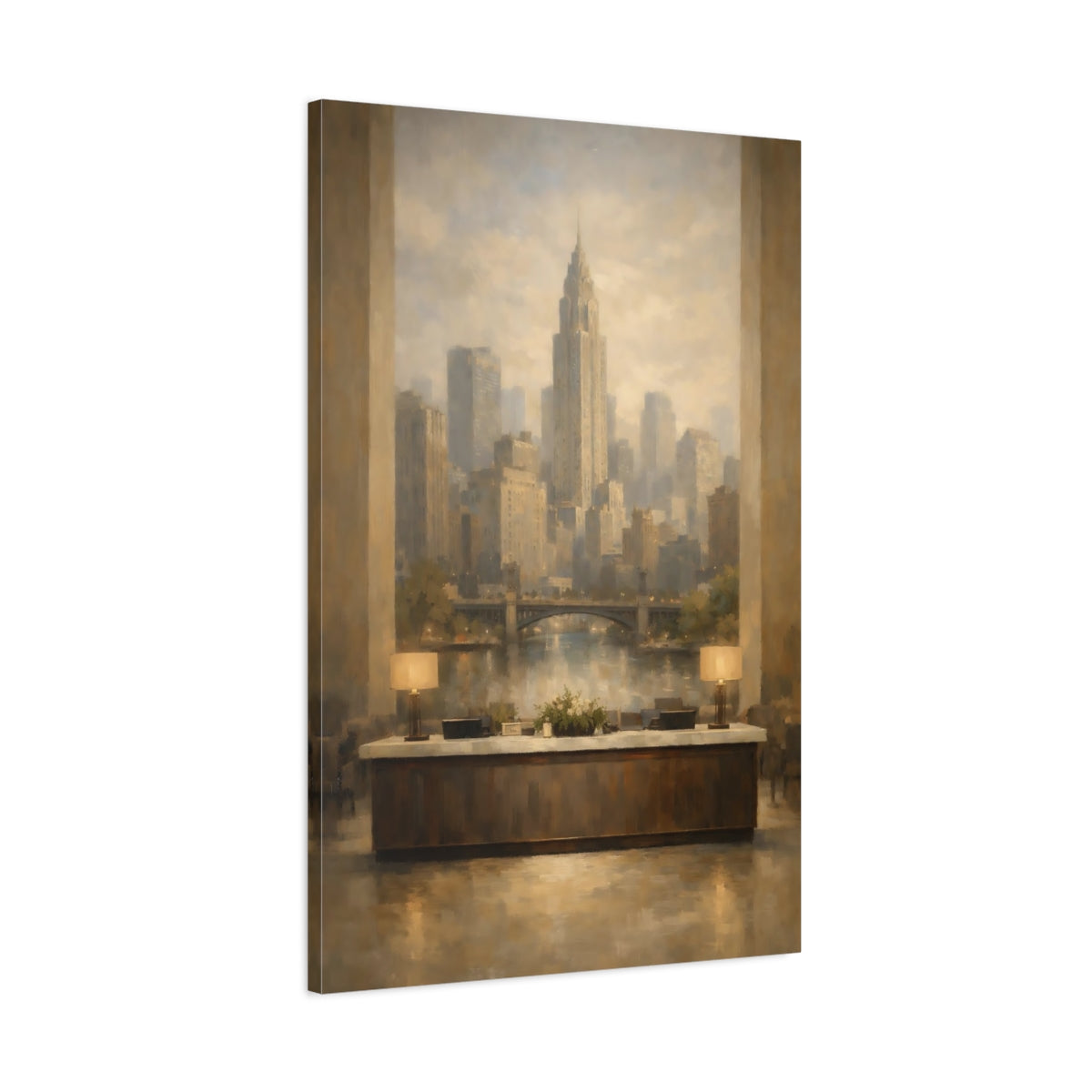 Side Mockup 1. Vintage City Skyline Brown Gold Cityscape shown as stretched canvas wall art