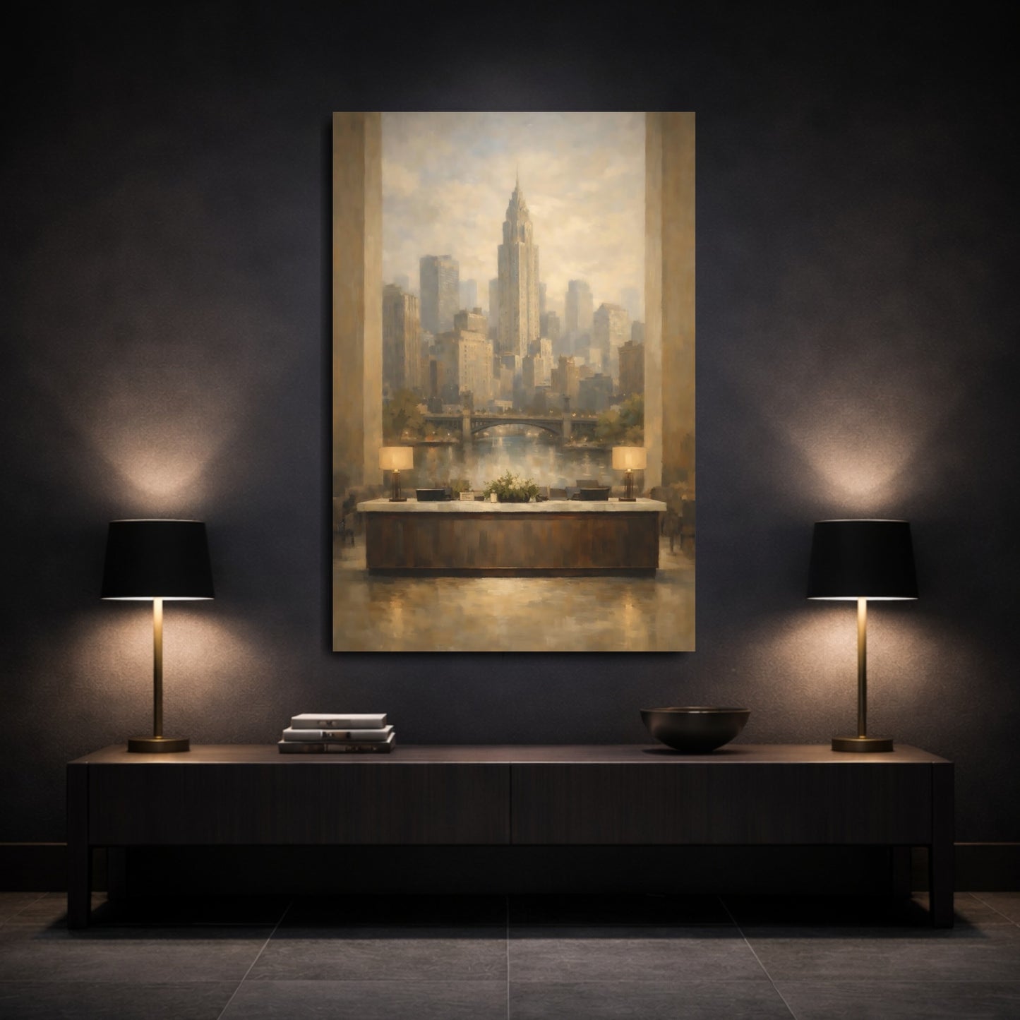 Mockup 2. Vintage City Skyline Brown Gold Cityscape shown as stretched canvas wall art