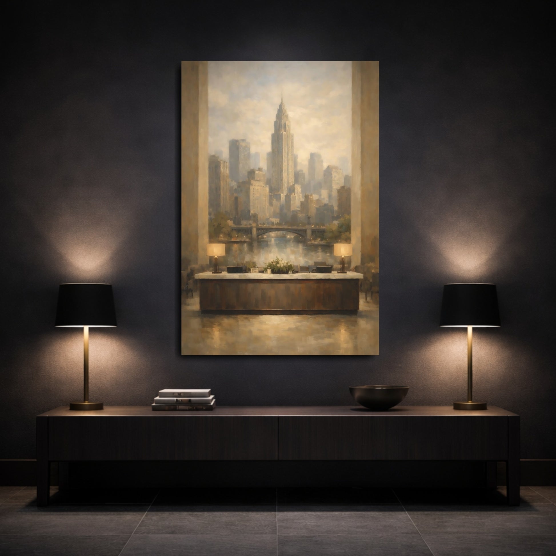 Mockup 2. Vintage City Skyline Brown Gold Cityscape shown as stretched canvas wall art