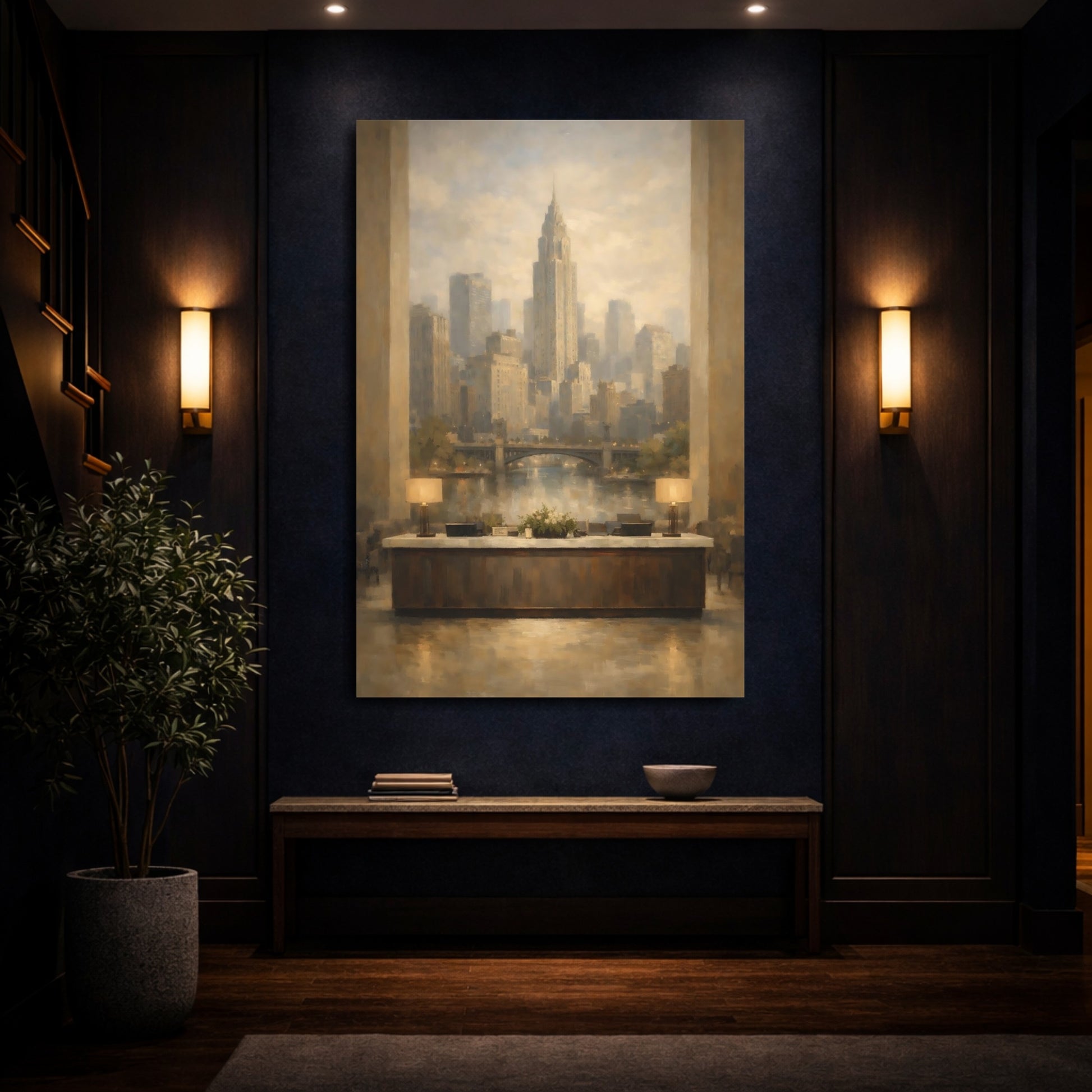 Mockup 3. Vintage City Skyline Brown Gold Cityscape shown as stretched canvas wall art